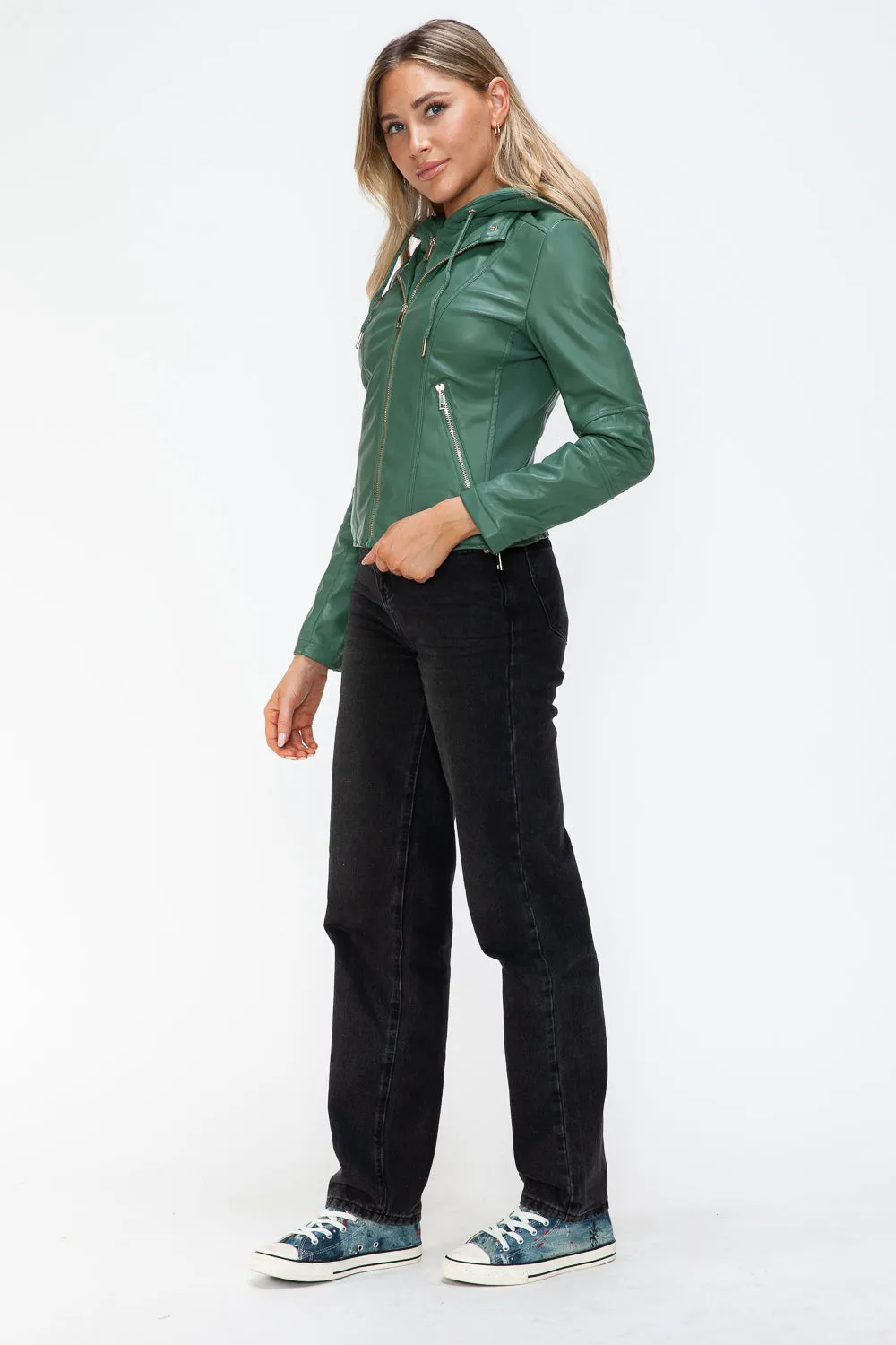 Faux Leather zip-up Drawstring Hooded Jacket