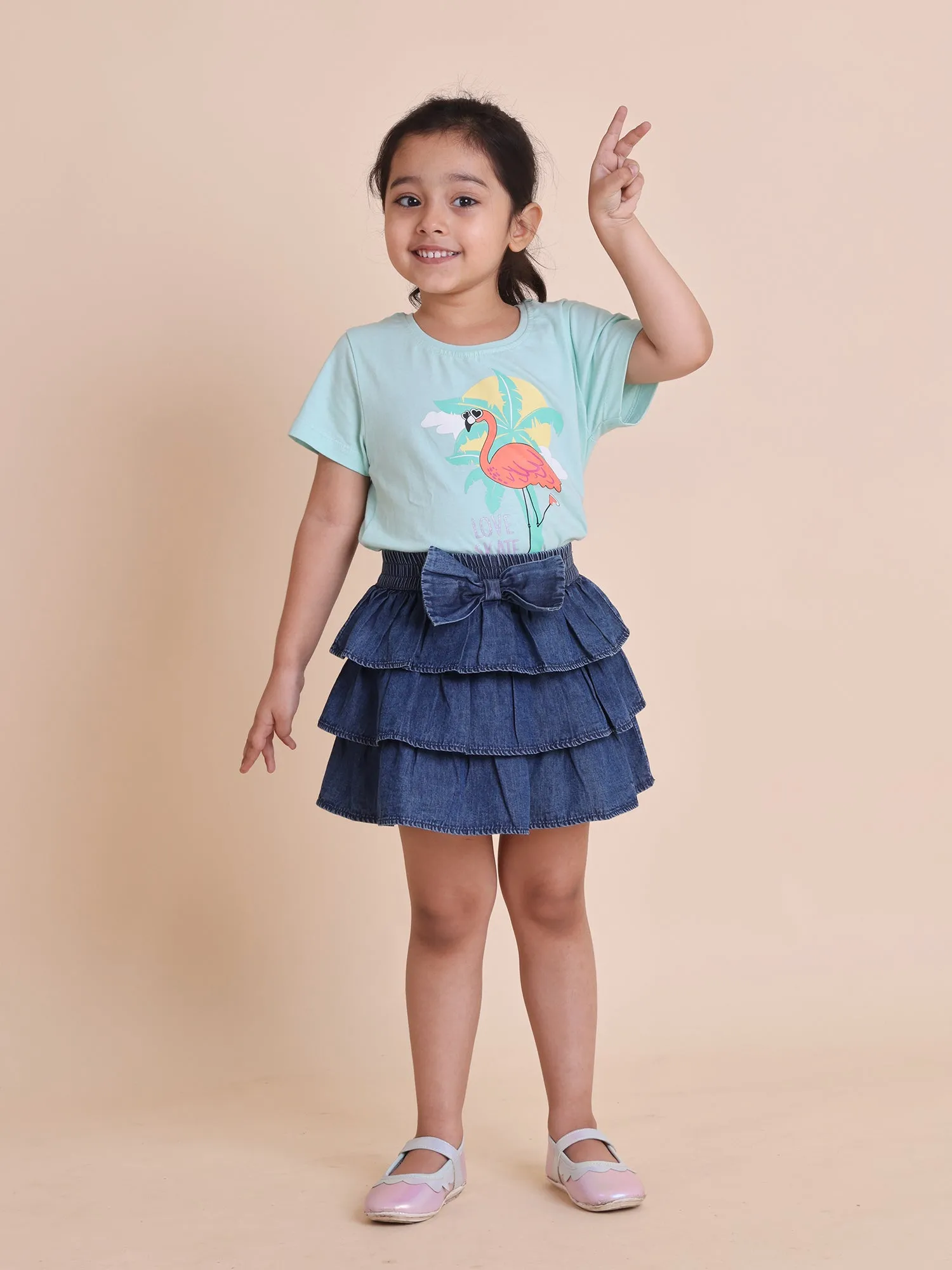 Girls blue denim flared skirt with bow