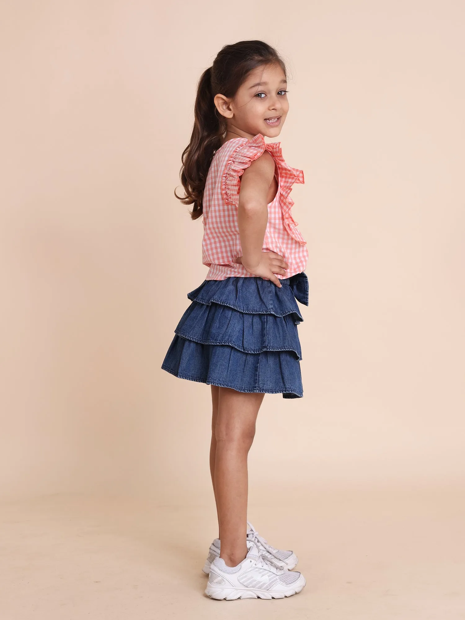 Girls blue denim flared skirt with bow