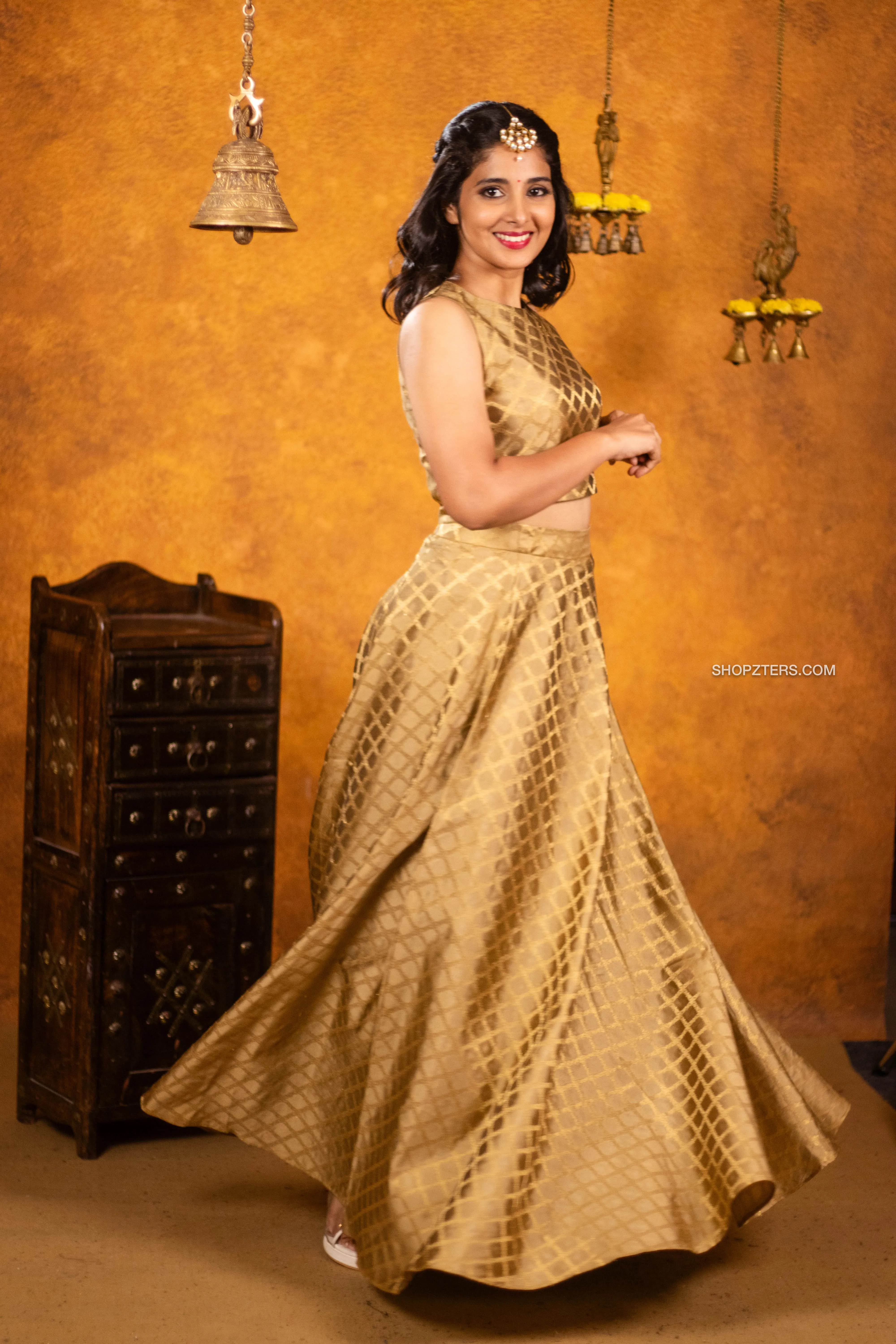 Gold Brocade Crop Top & Skirt