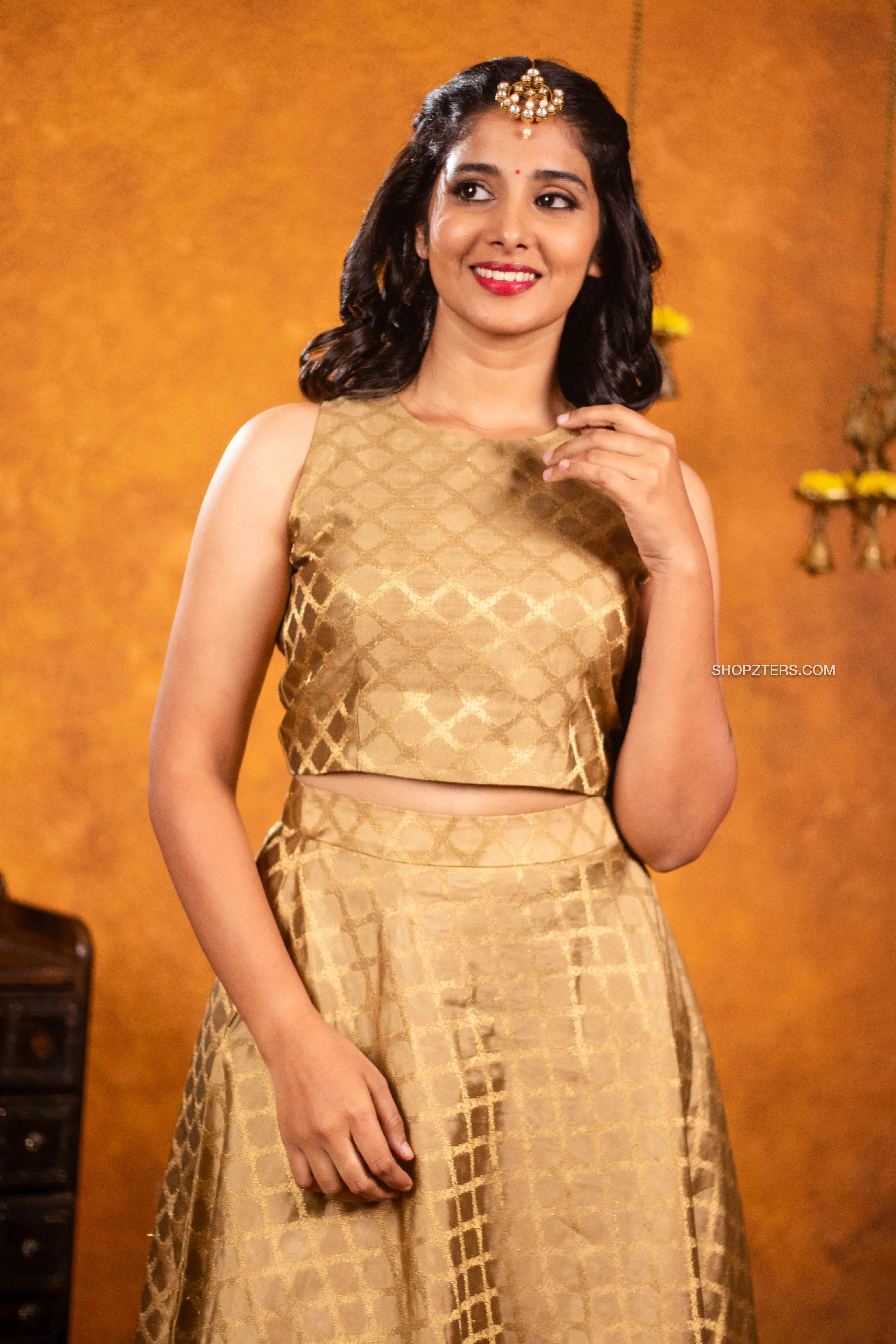 Gold Brocade Crop Top & Skirt