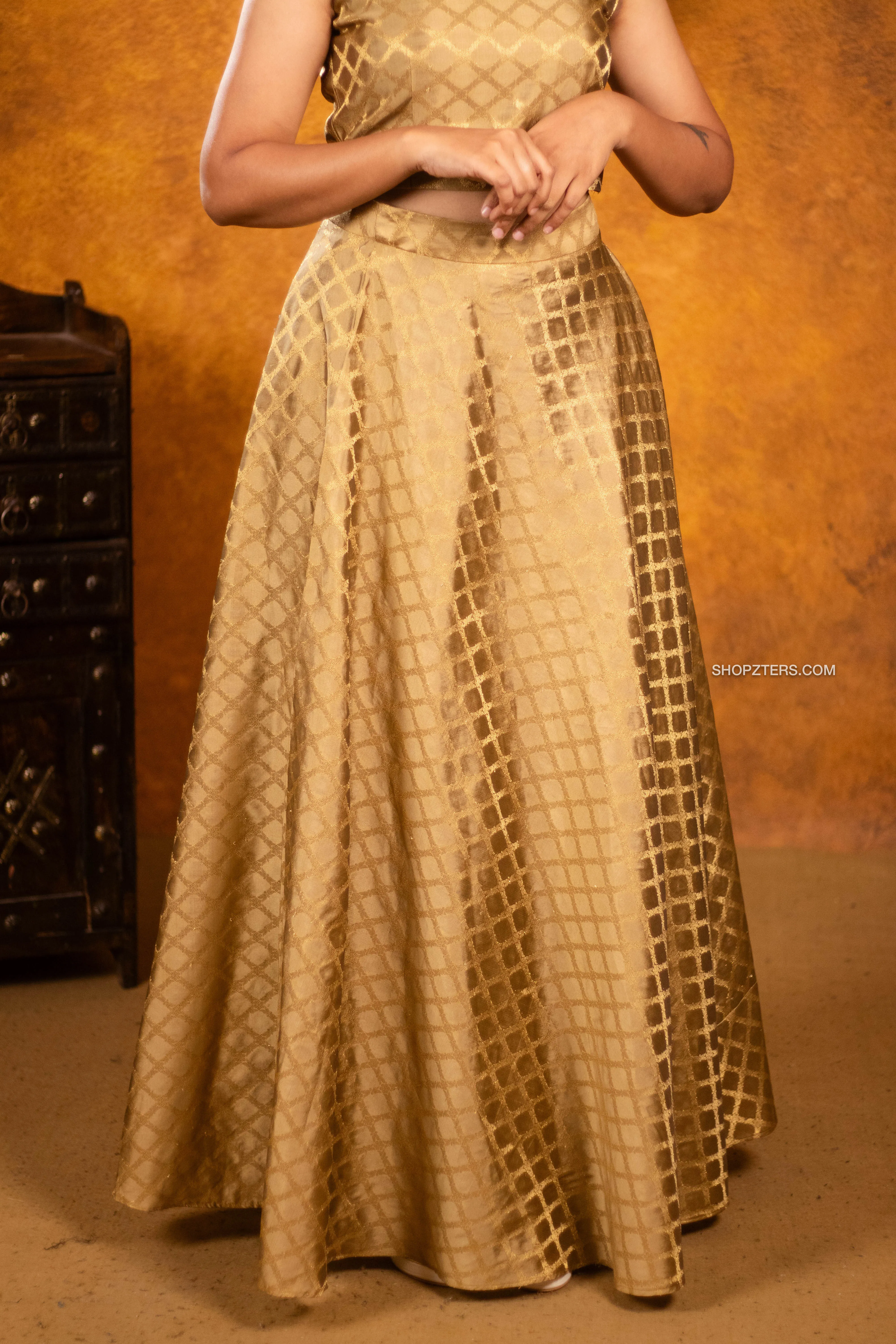 Gold Brocade Crop Top & Skirt