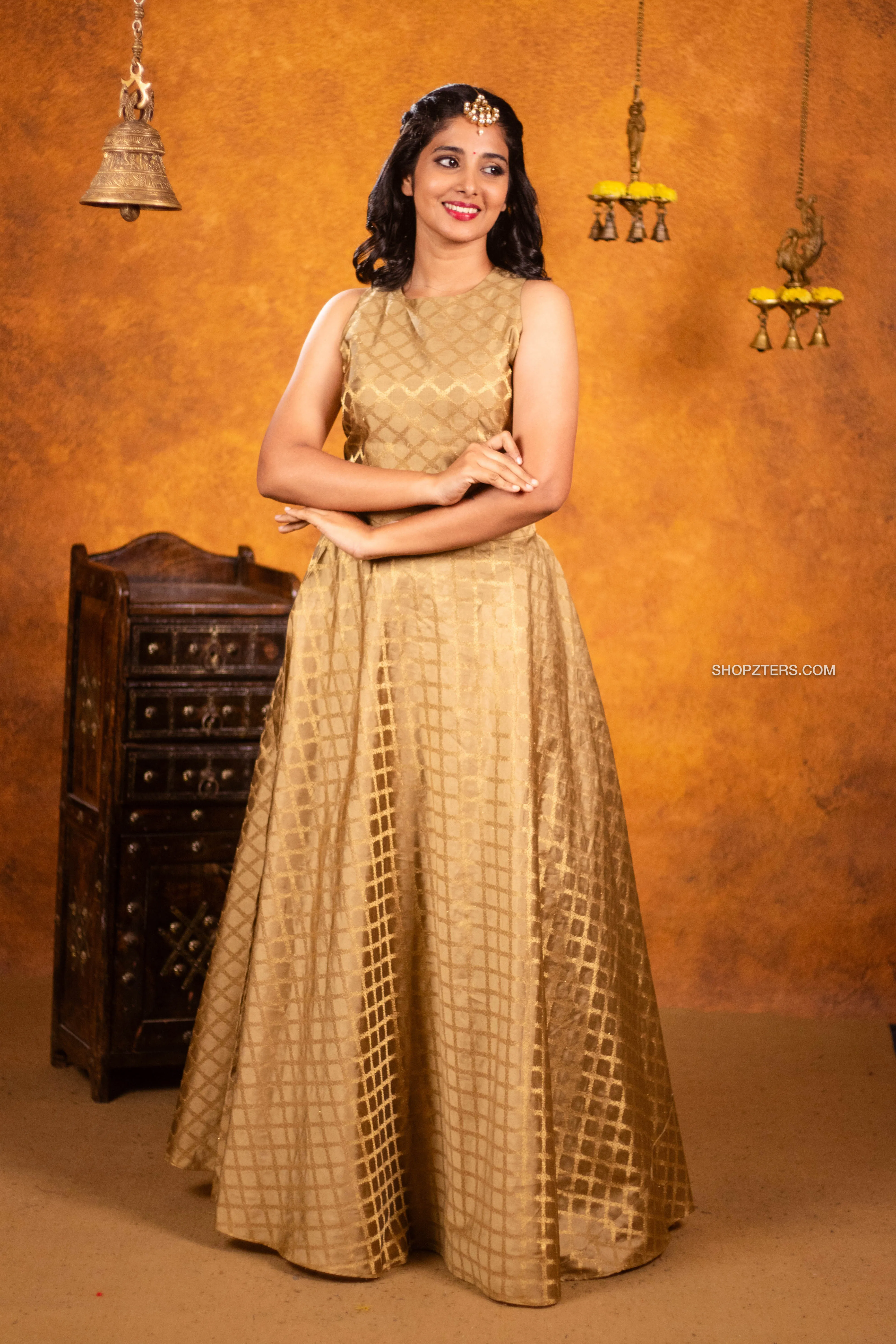 Gold Brocade Crop Top & Skirt