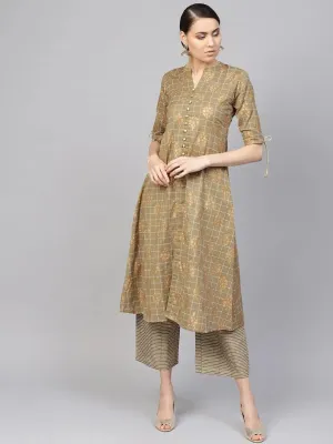 Green Printed Cotton A-Line Kurta With Palazzos