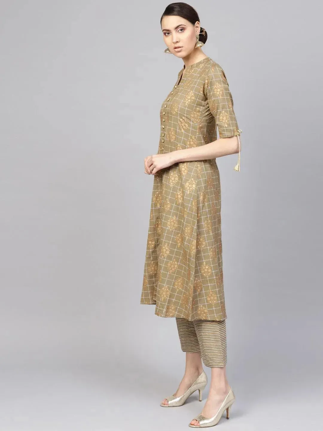 Green Printed Cotton A-Line Kurta With Palazzos