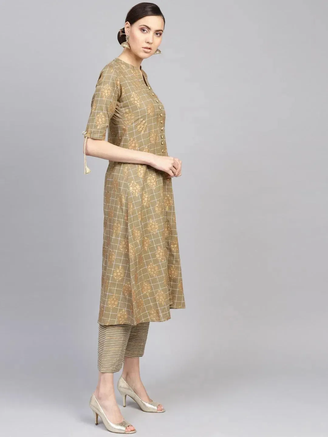 Green Printed Cotton A-Line Kurta With Palazzos