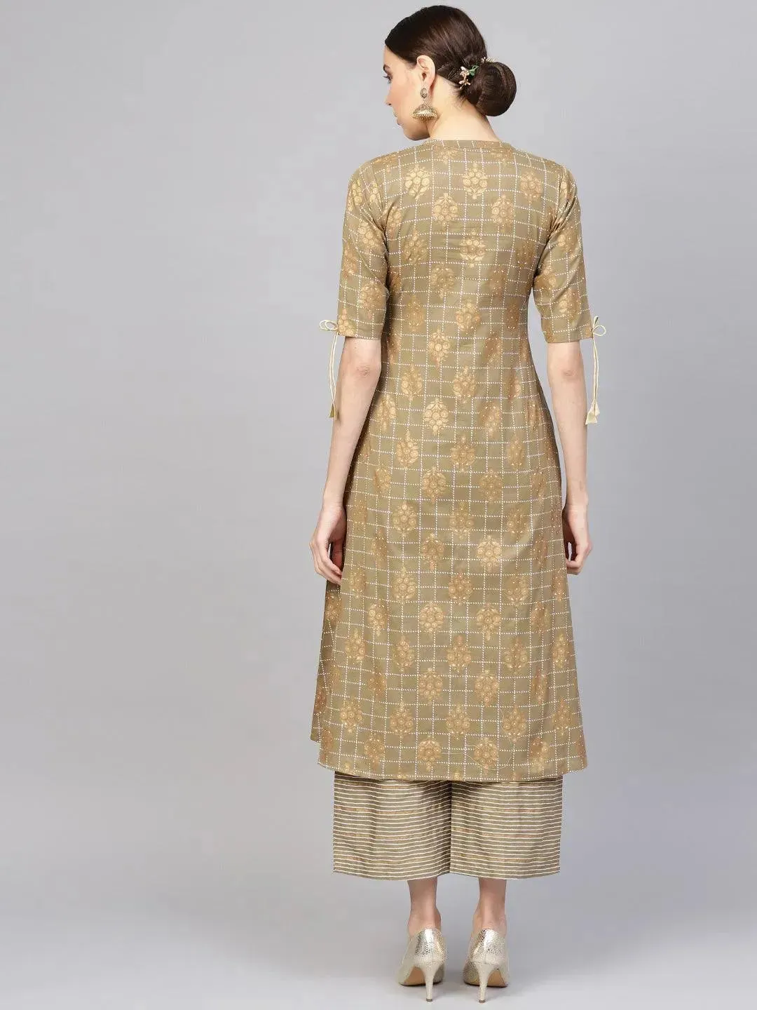 Green Printed Cotton A-Line Kurta With Palazzos