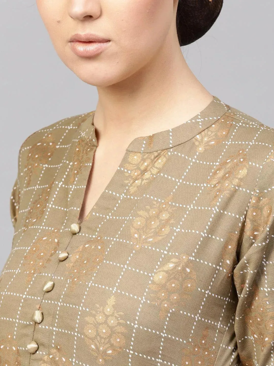 Green Printed Cotton A-Line Kurta With Palazzos
