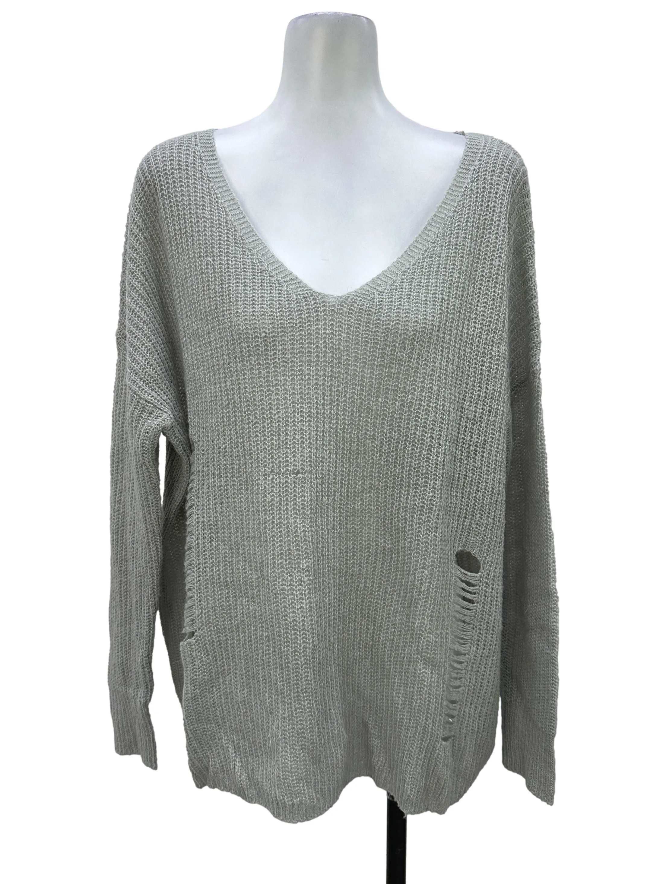 Grey Distressed Lightweight Crochet Sweater