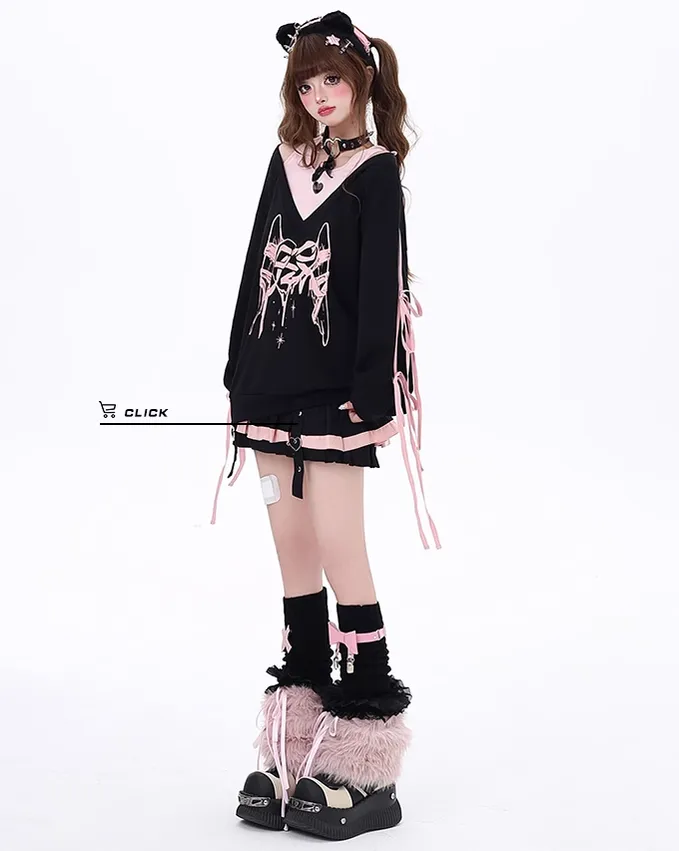 Gyaru Sweatshirt Faux Two-piece Lace-up Hoodie