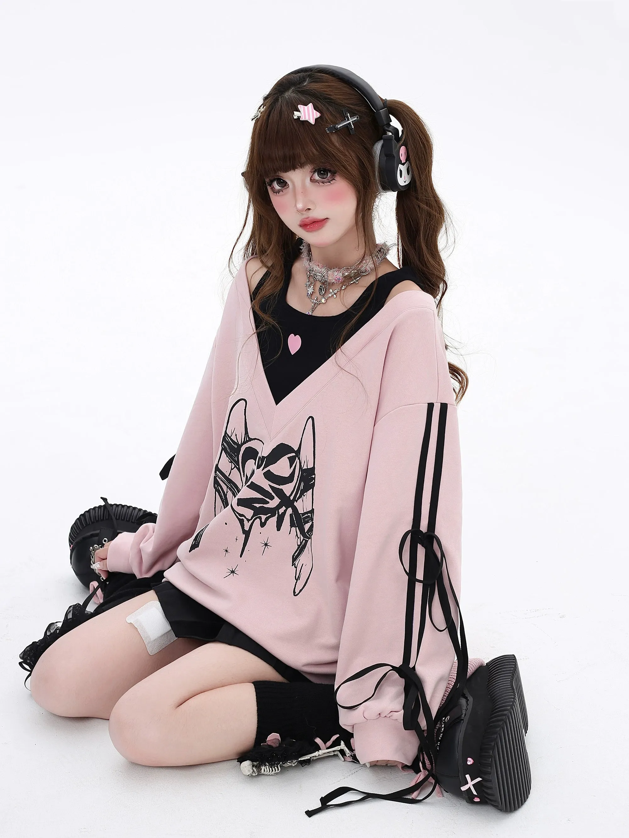 Gyaru Sweatshirt Faux Two-piece Lace-up Hoodie