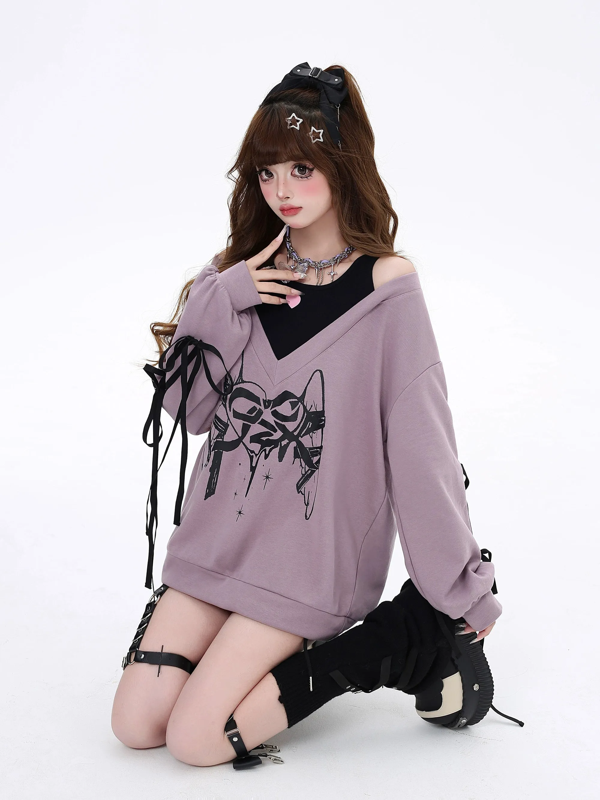 Gyaru Sweatshirt Faux Two-piece Lace-up Hoodie