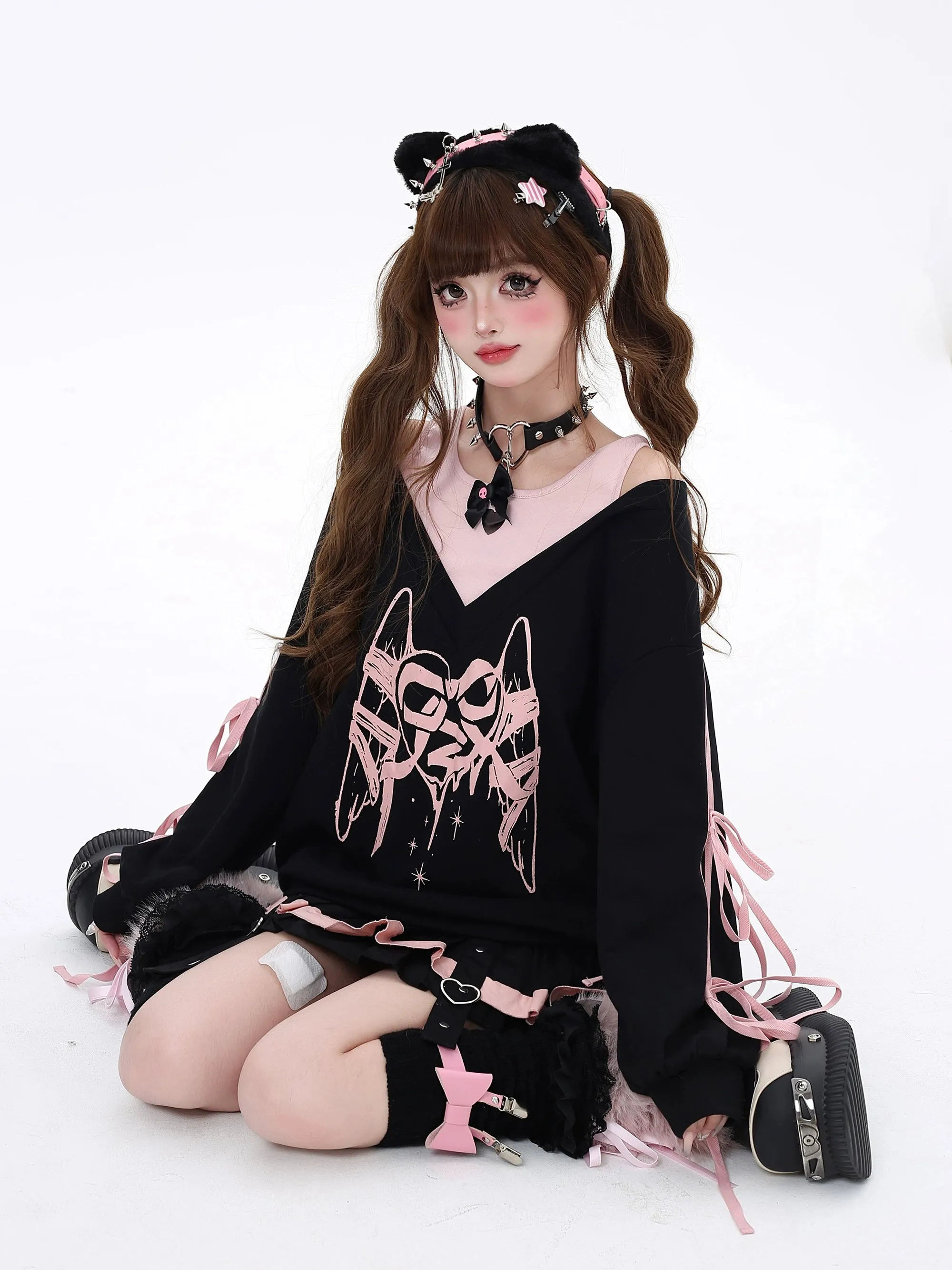 Gyaru Sweatshirt Faux Two-piece Lace-up Hoodie