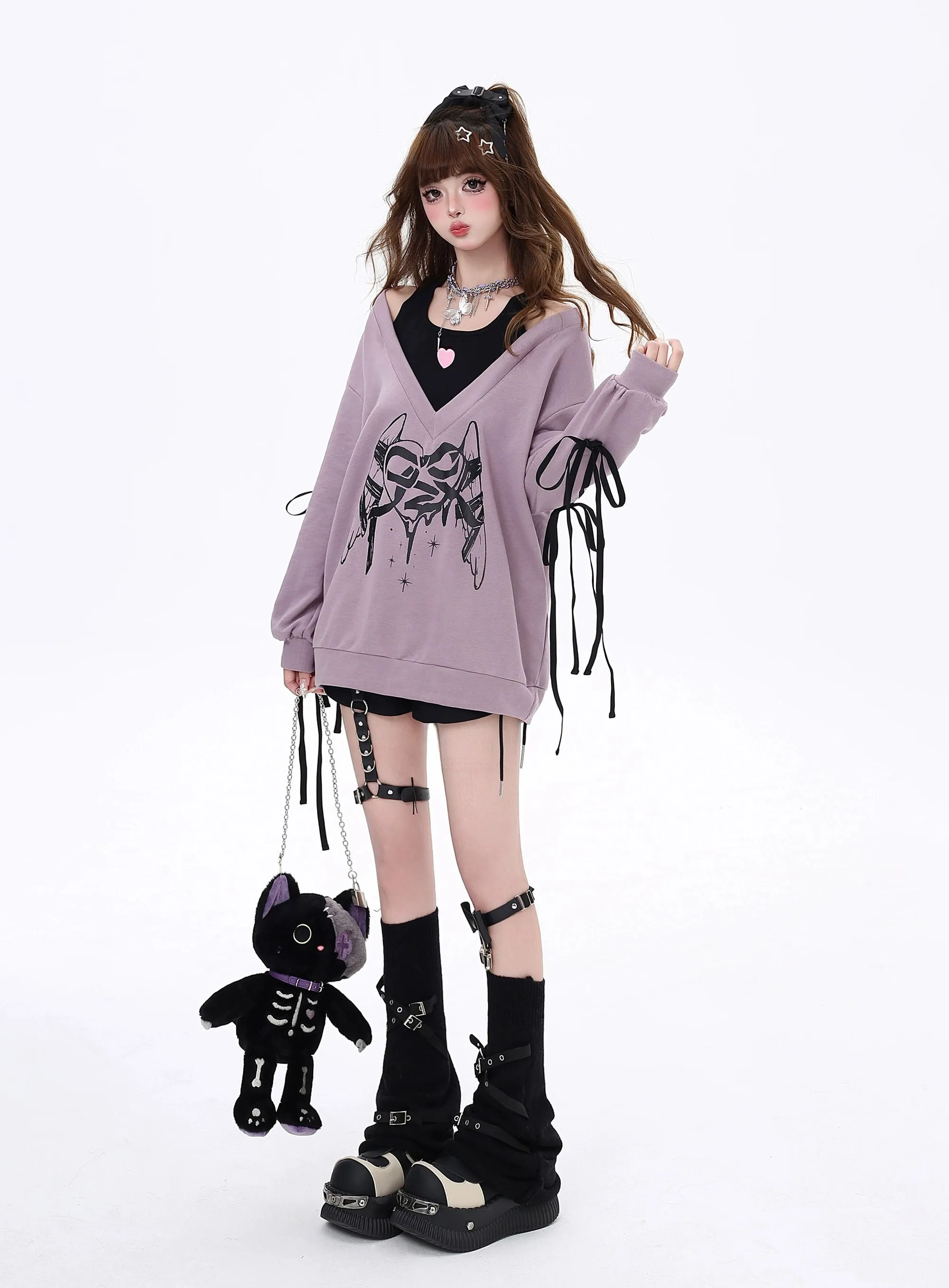 Gyaru Sweatshirt Faux Two-piece Lace-up Hoodie