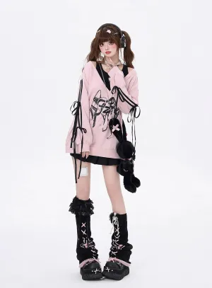 Gyaru Sweatshirt Faux Two-piece Lace-up Hoodie