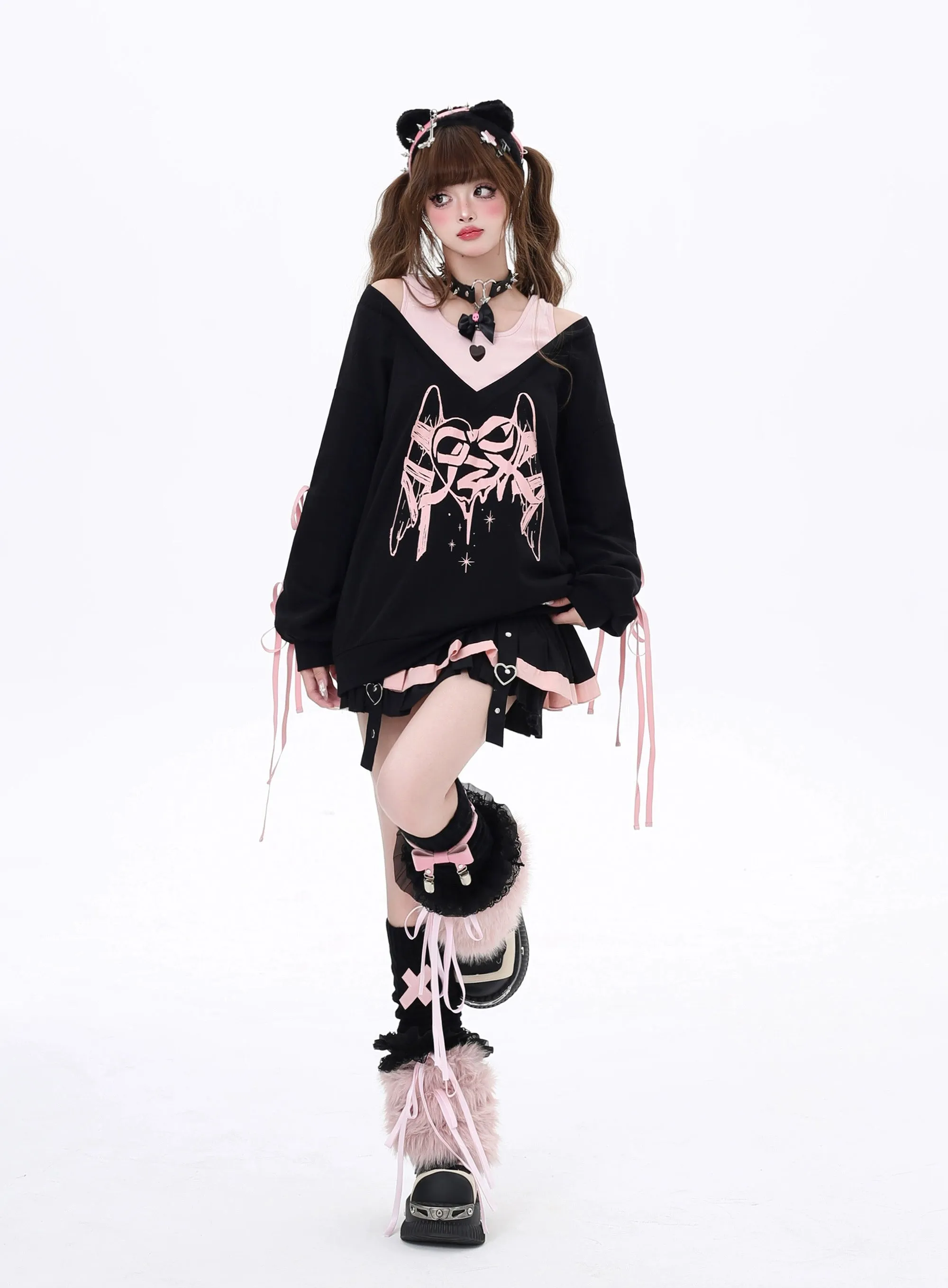 Gyaru Sweatshirt Faux Two-piece Lace-up Hoodie