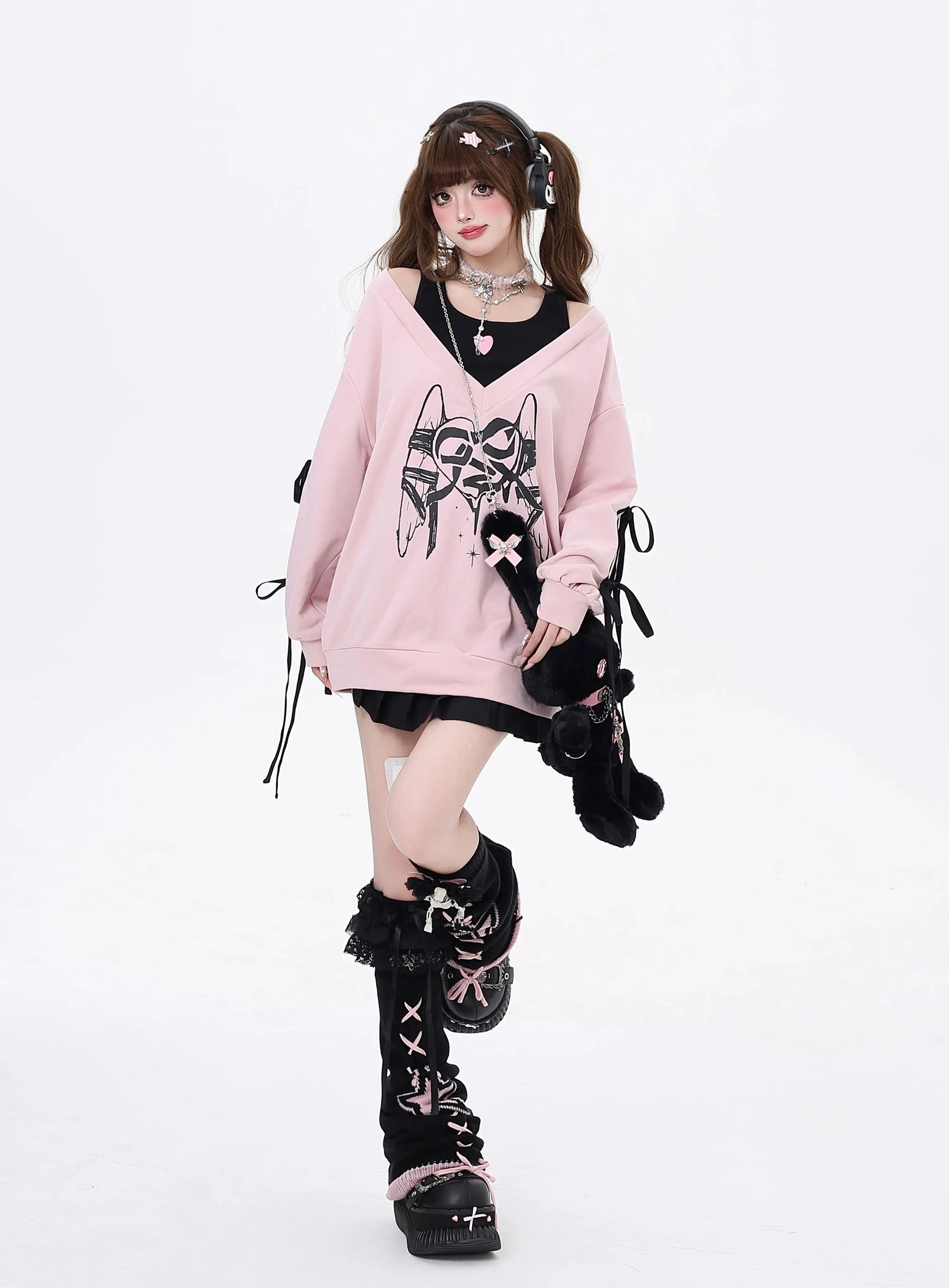 Gyaru Sweatshirt Faux Two-piece Lace-up Hoodie