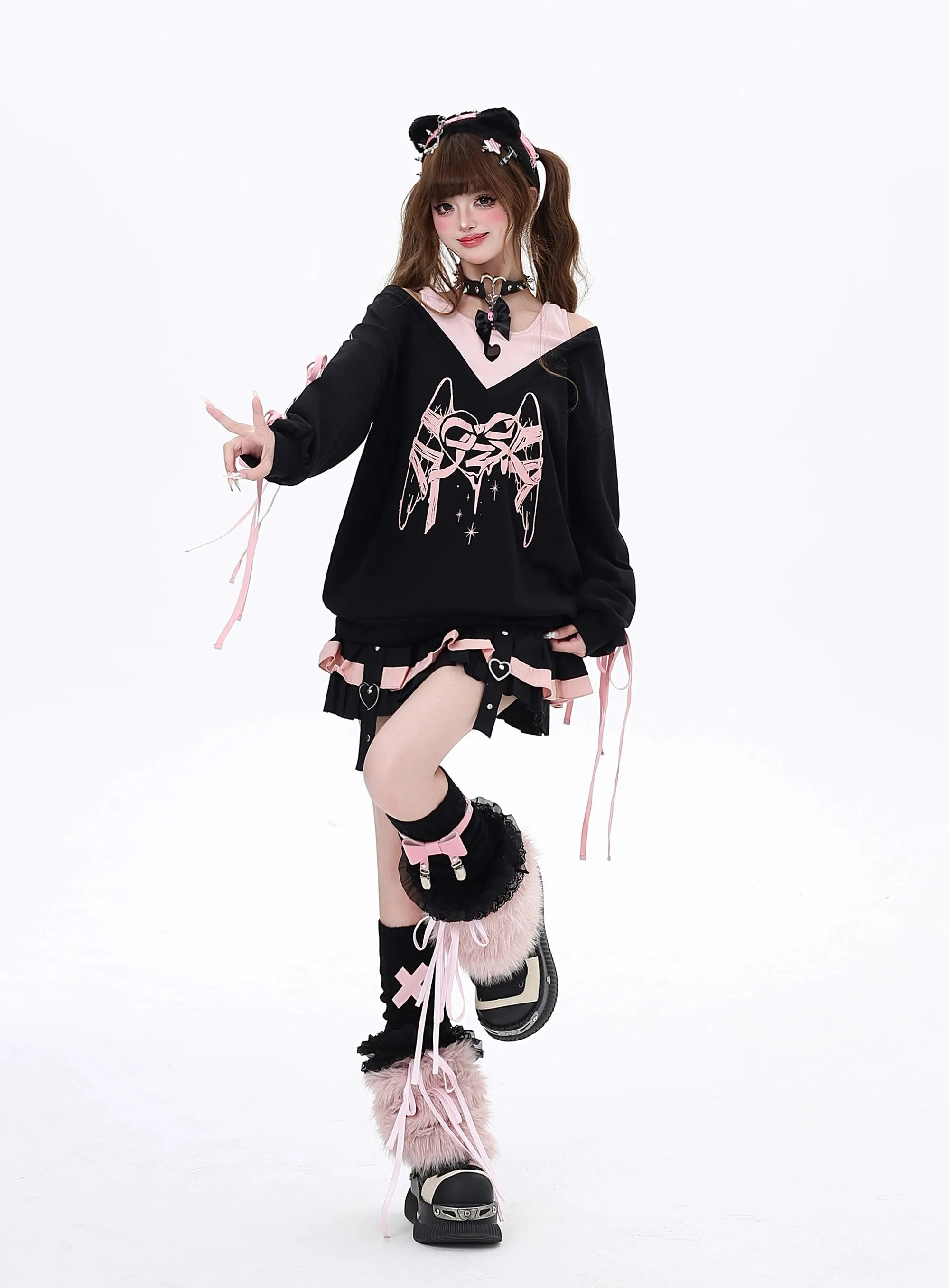 Gyaru Sweatshirt Faux Two-piece Lace-up Hoodie