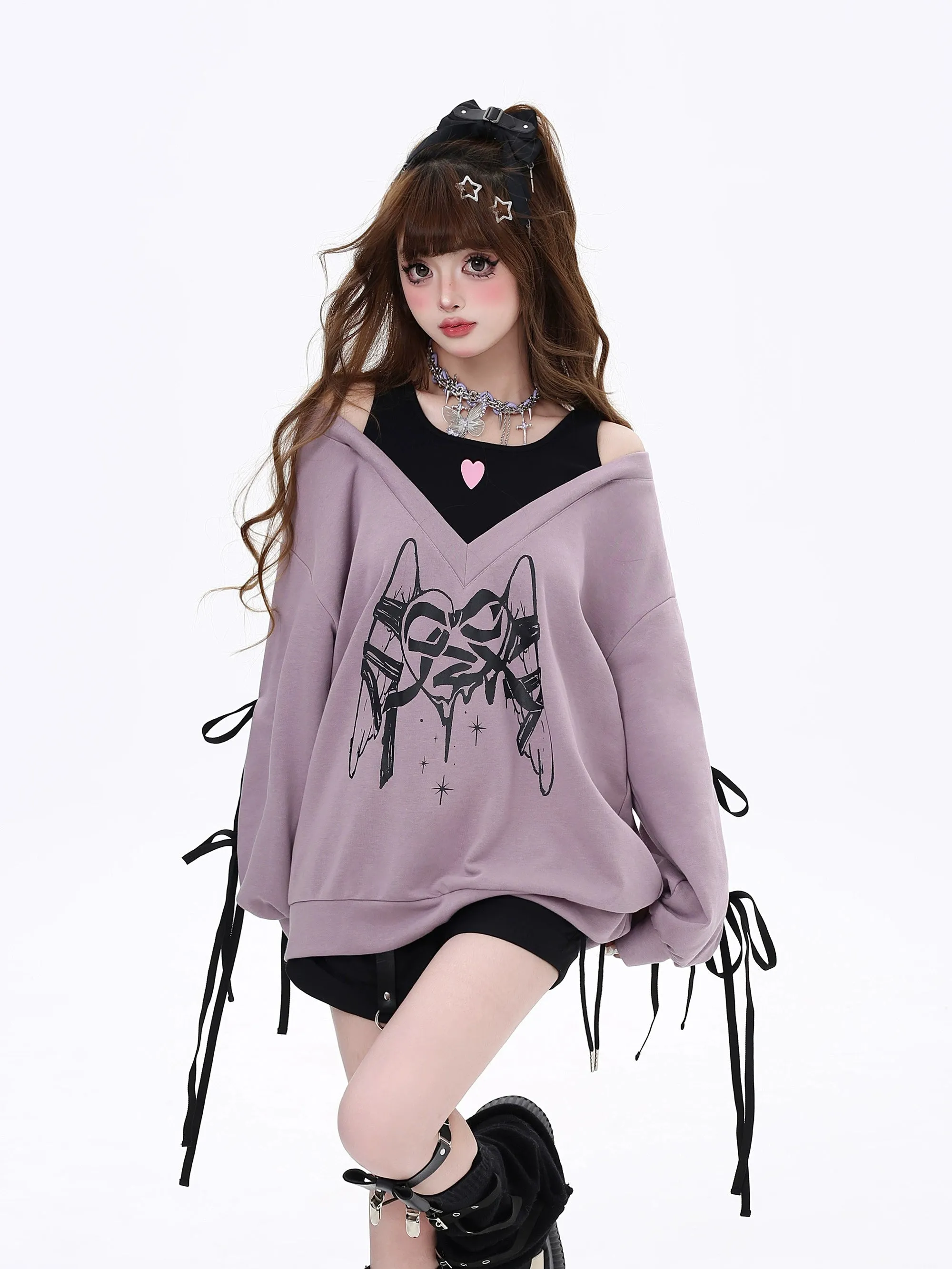 Gyaru Sweatshirt Faux Two-piece Lace-up Hoodie