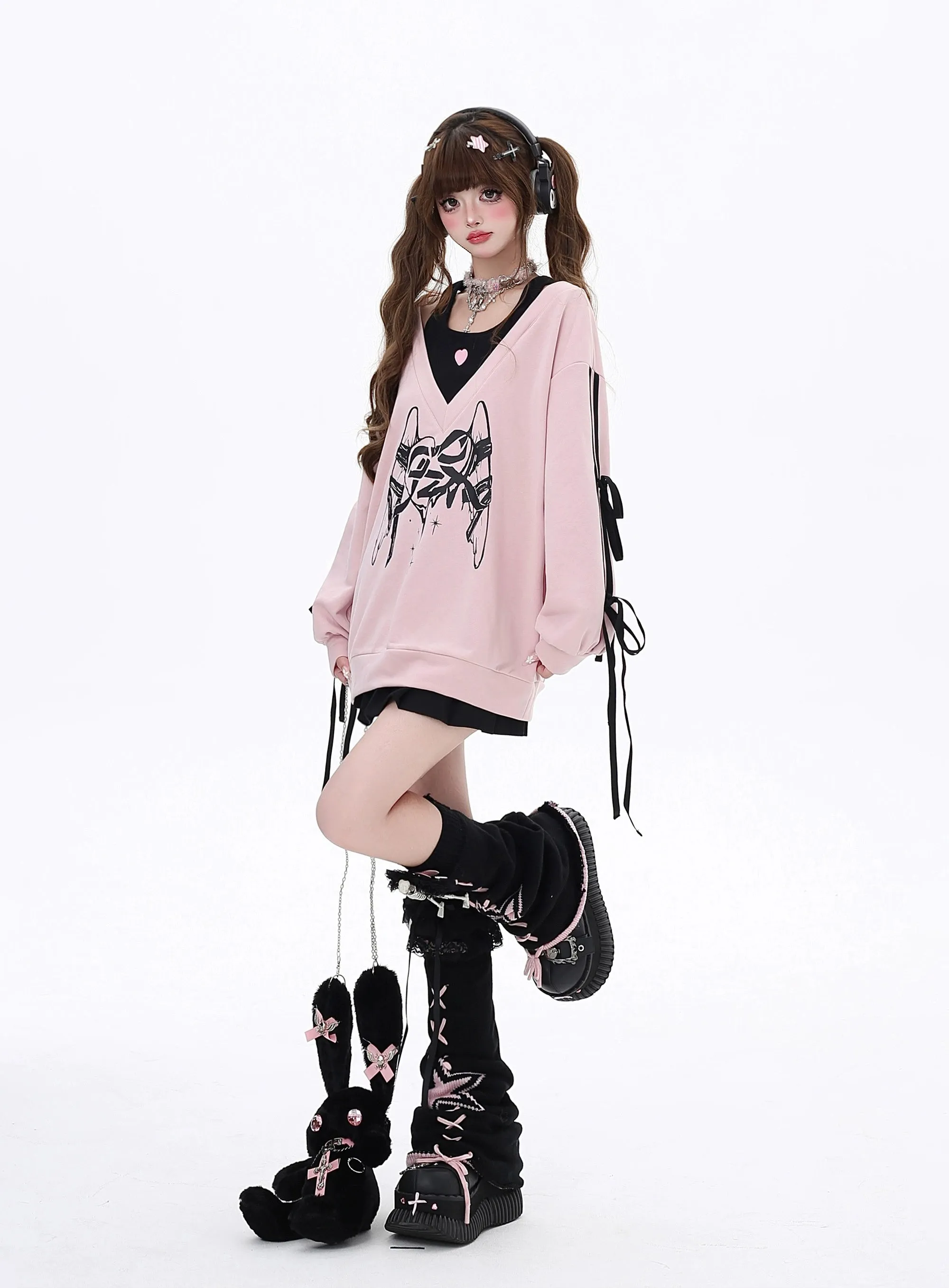 Gyaru Sweatshirt Faux Two-piece Lace-up Hoodie