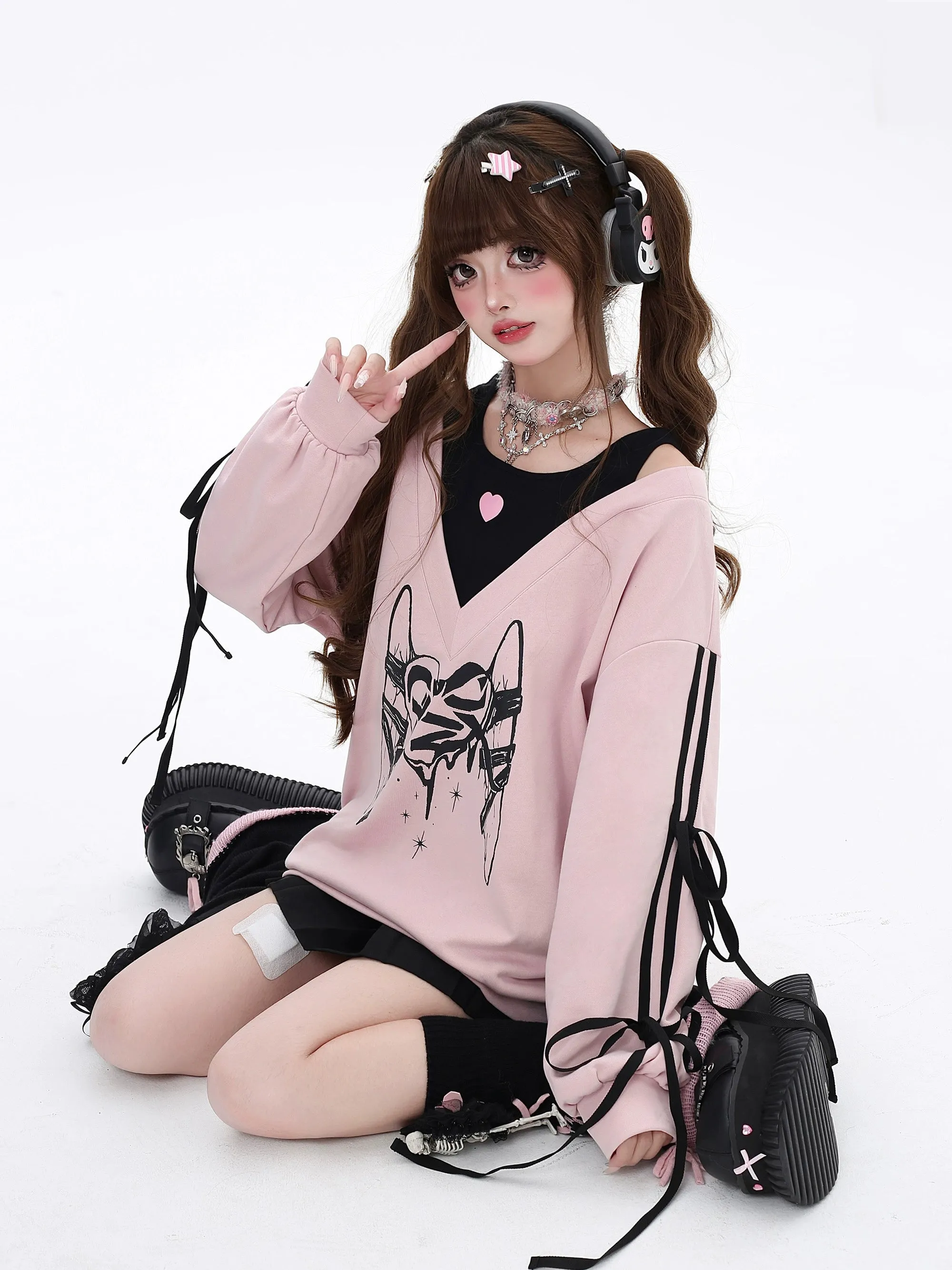 Gyaru Sweatshirt Faux Two-piece Lace-up Hoodie