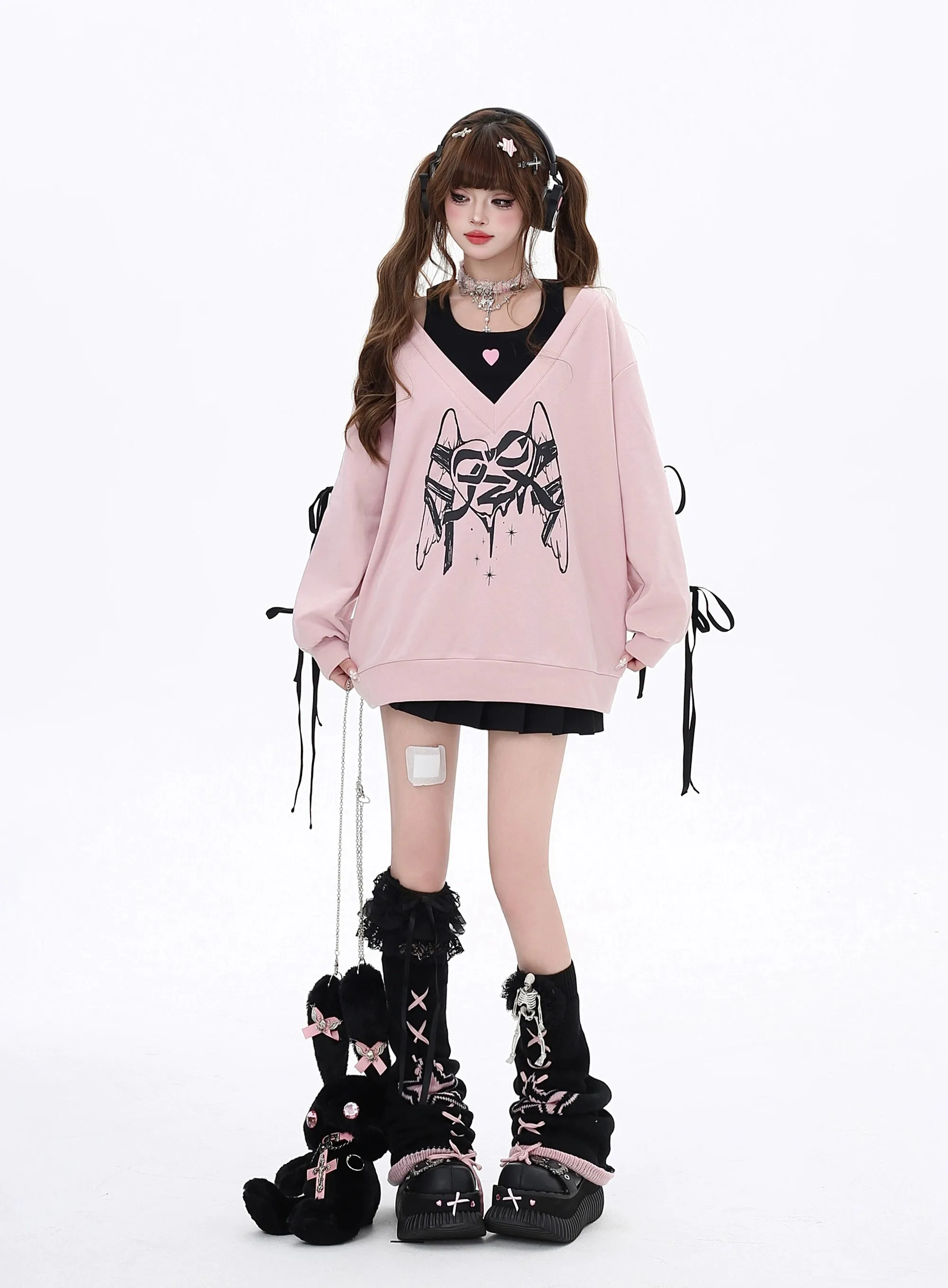 Gyaru Sweatshirt Faux Two-piece Lace-up Hoodie
