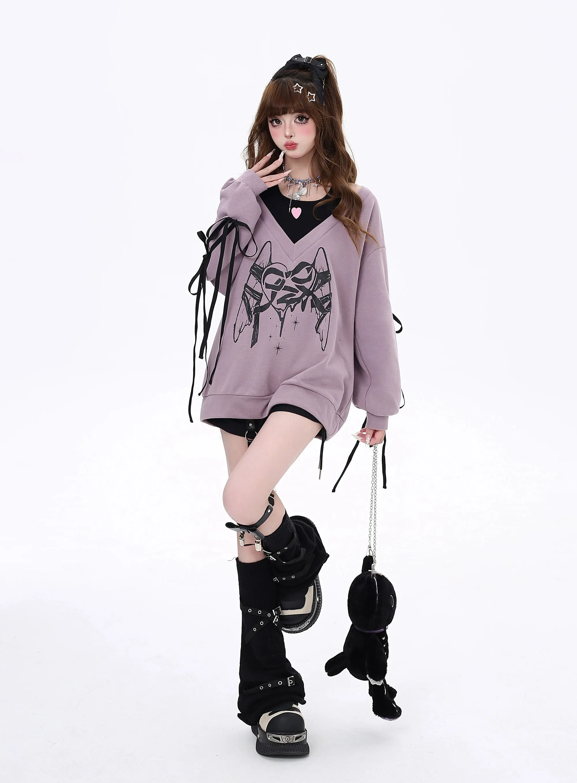 Gyaru Sweatshirt Faux Two-piece Lace-up Hoodie