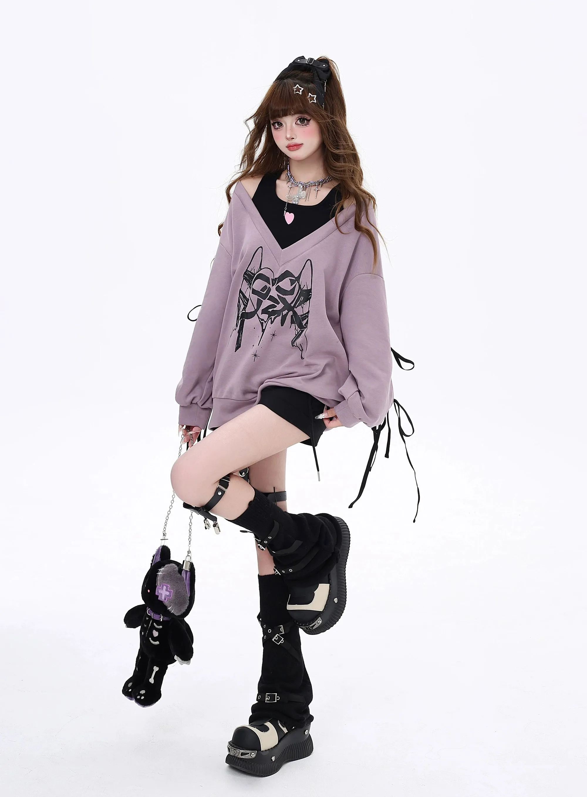 Gyaru Sweatshirt Faux Two-piece Lace-up Hoodie