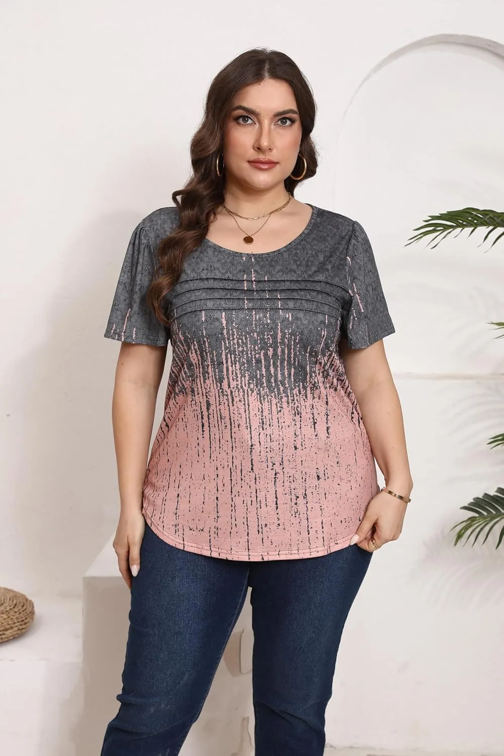 HBEYYTO Womens Plus Size Tops Short Sleeve Pleated T shirts Dressy Casual Scooped Neck Flowy Loose Floral Blouses 1X-5X