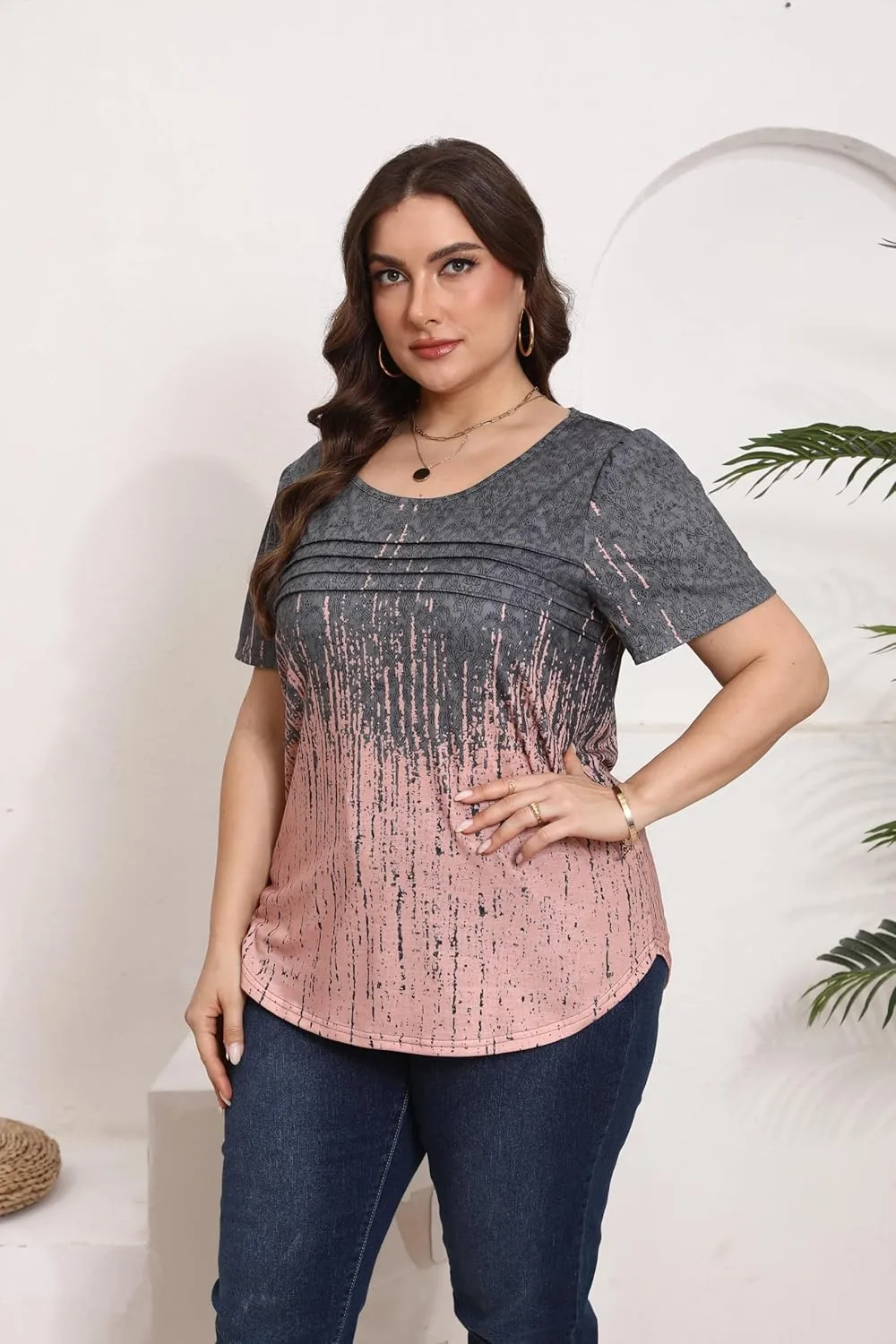HBEYYTO Womens Plus Size Tops Short Sleeve Pleated T shirts Dressy Casual Scooped Neck Flowy Loose Floral Blouses 1X-5X