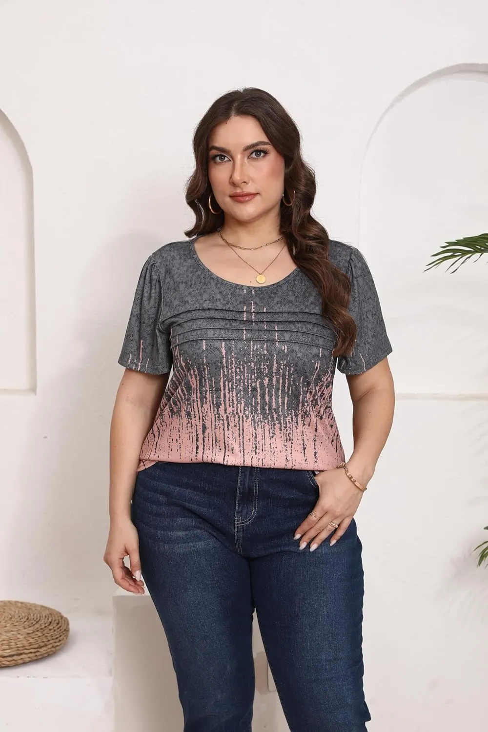 HBEYYTO Womens Plus Size Tops Short Sleeve Pleated T shirts Dressy Casual Scooped Neck Flowy Loose Floral Blouses 1X-5X