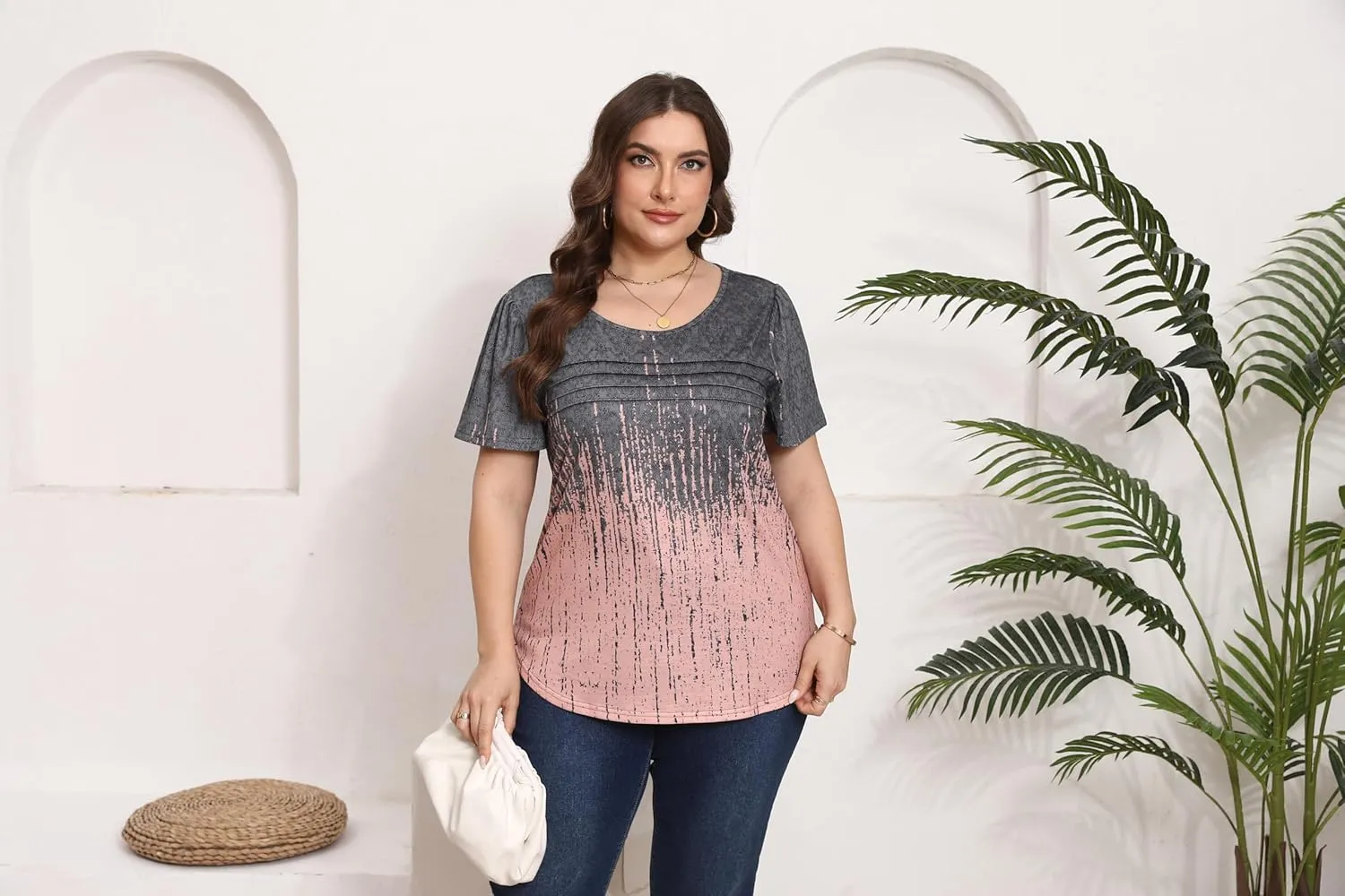 HBEYYTO Womens Plus Size Tops Short Sleeve Pleated T shirts Dressy Casual Scooped Neck Flowy Loose Floral Blouses 1X-5X