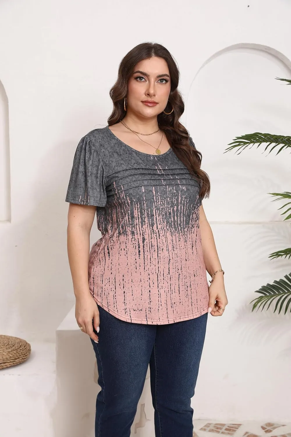 HBEYYTO Womens Plus Size Tops Short Sleeve Pleated T shirts Dressy Casual Scooped Neck Flowy Loose Floral Blouses 1X-5X