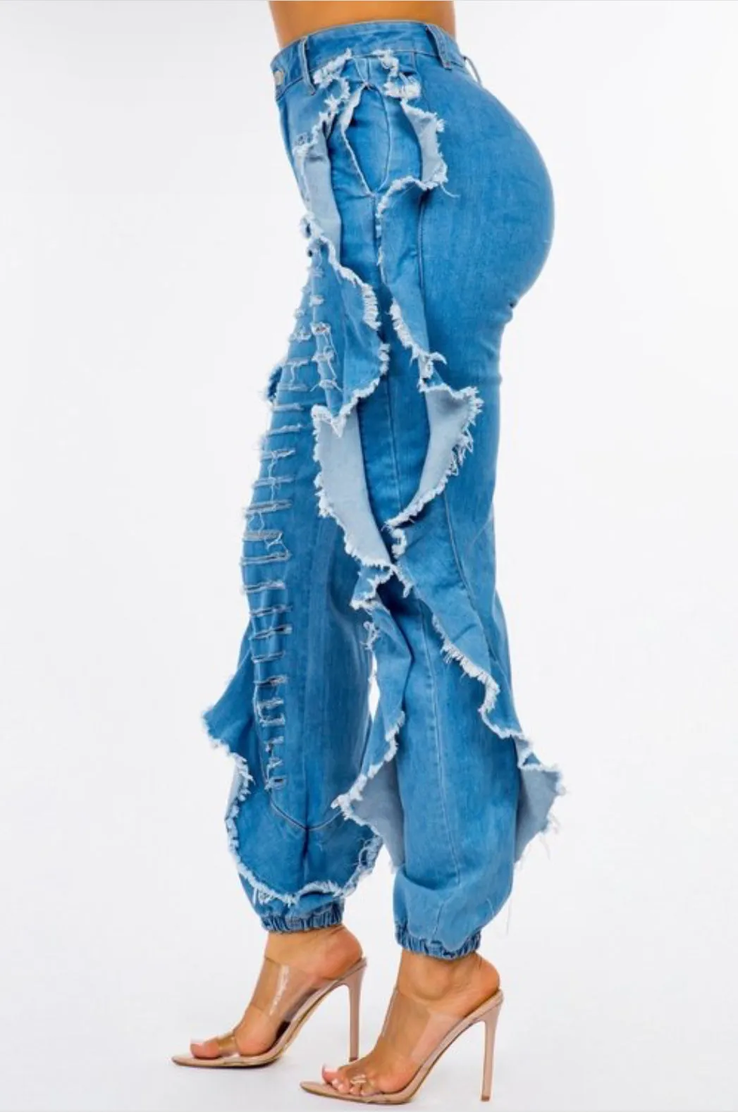 Iconic Baddie Blue Medium Wash Distressed Side Wing Detail Denim Joggers