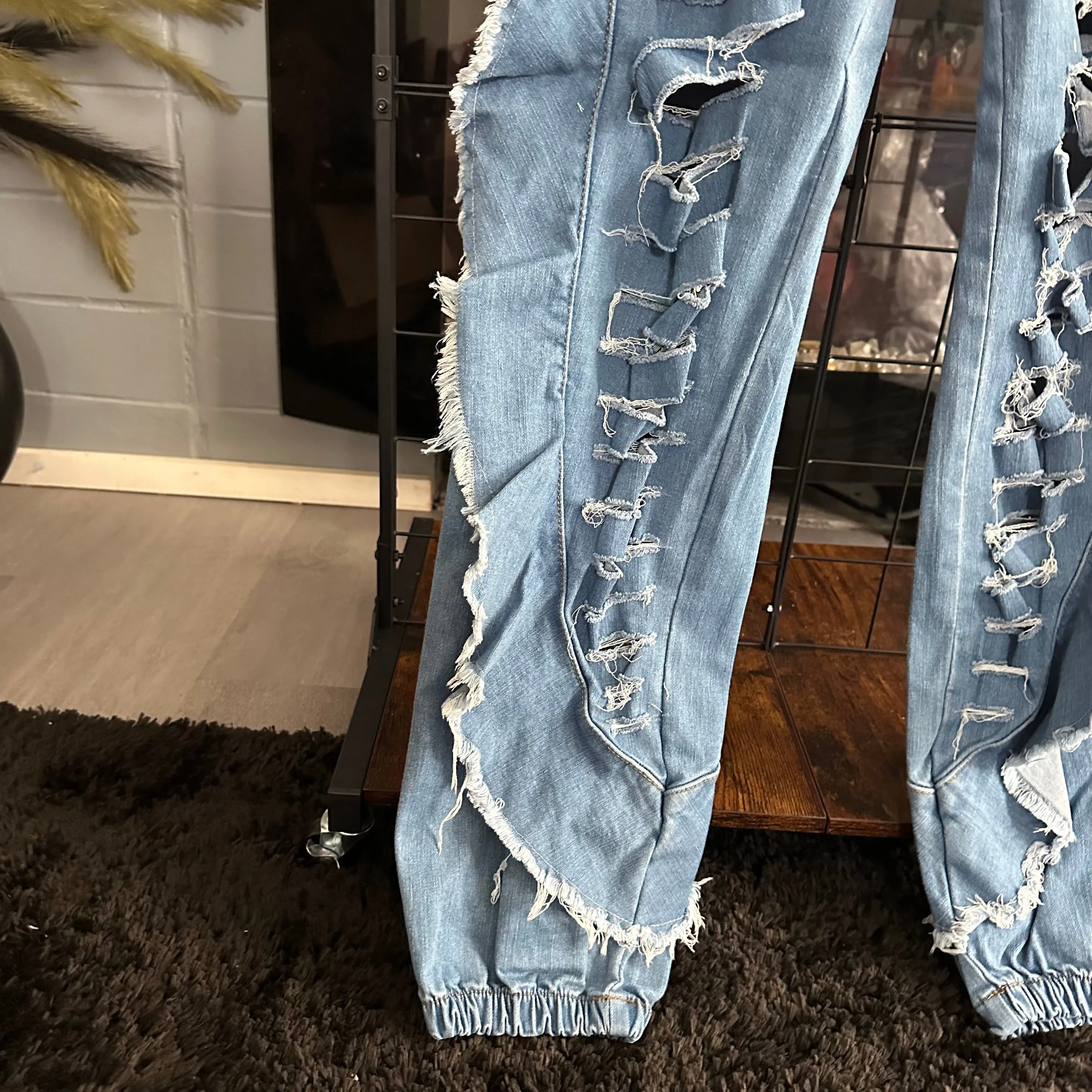 Iconic Baddie Blue Medium Wash Distressed Side Wing Detail Denim Joggers