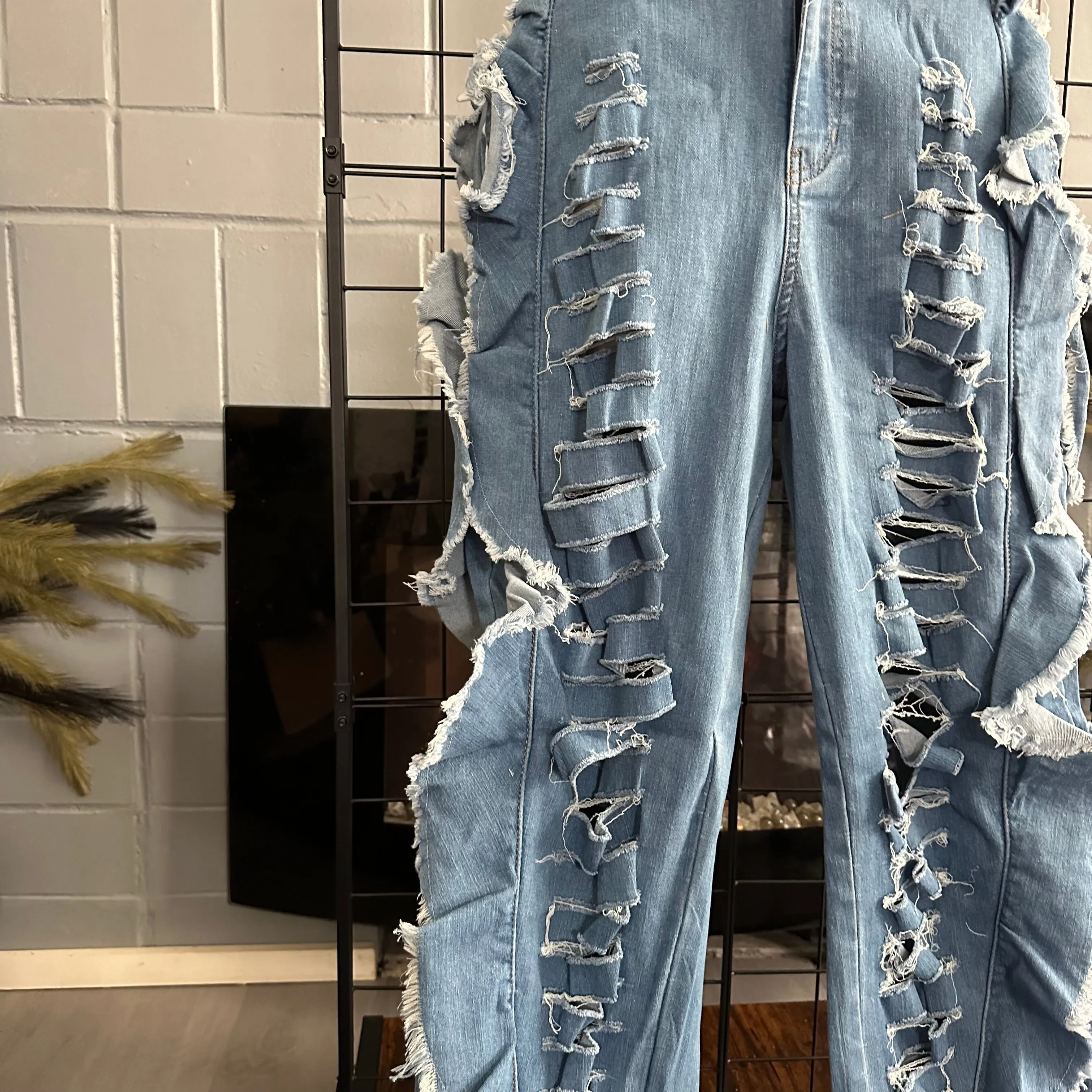Iconic Baddie Blue Medium Wash Distressed Side Wing Detail Denim Joggers