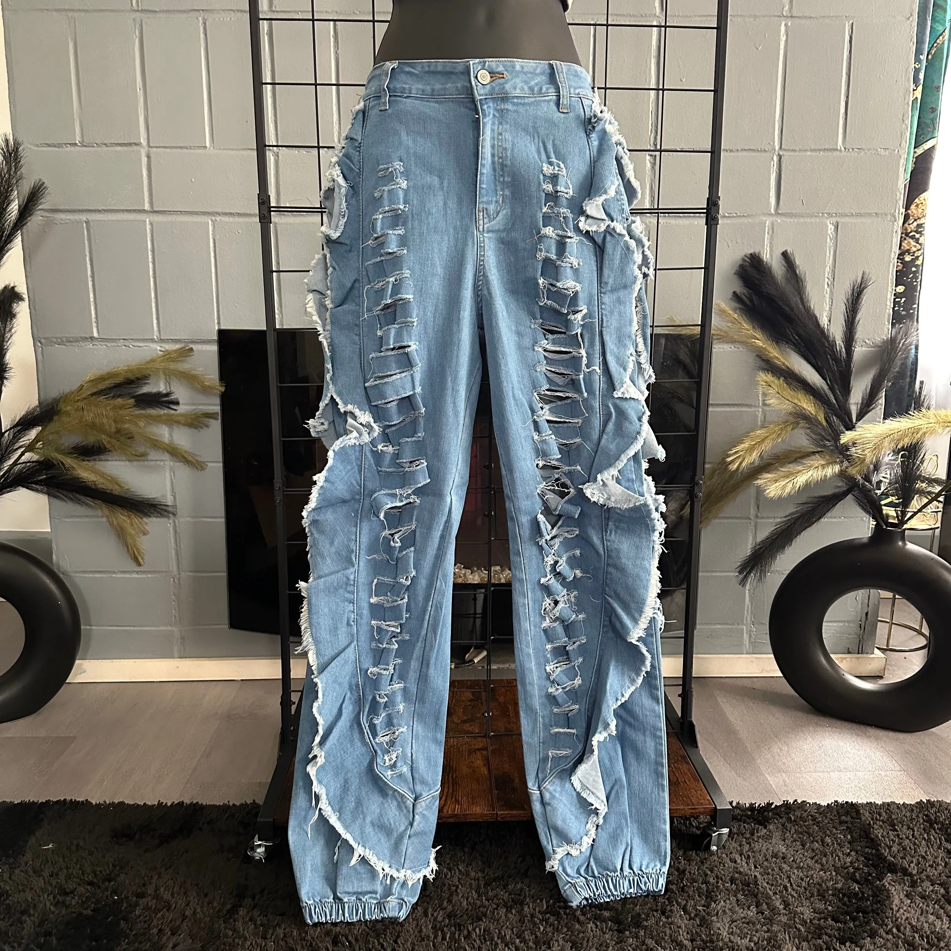 Iconic Baddie Blue Medium Wash Distressed Side Wing Detail Denim Joggers