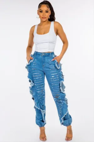 Iconic Baddie Blue Medium Wash Distressed Side Wing Detail Denim Joggers