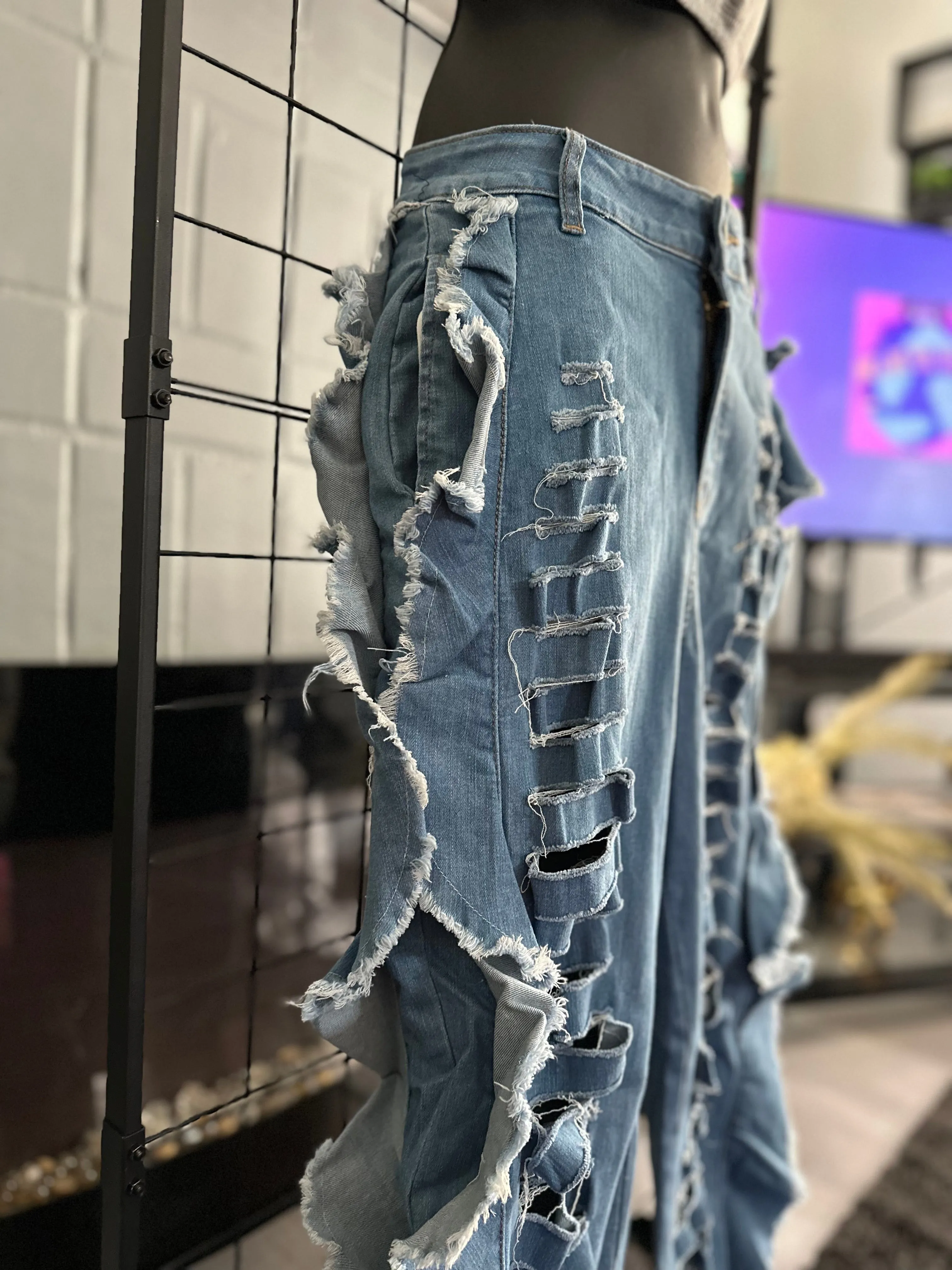 Iconic Baddie Blue Medium Wash Distressed Side Wing Detail Denim Joggers