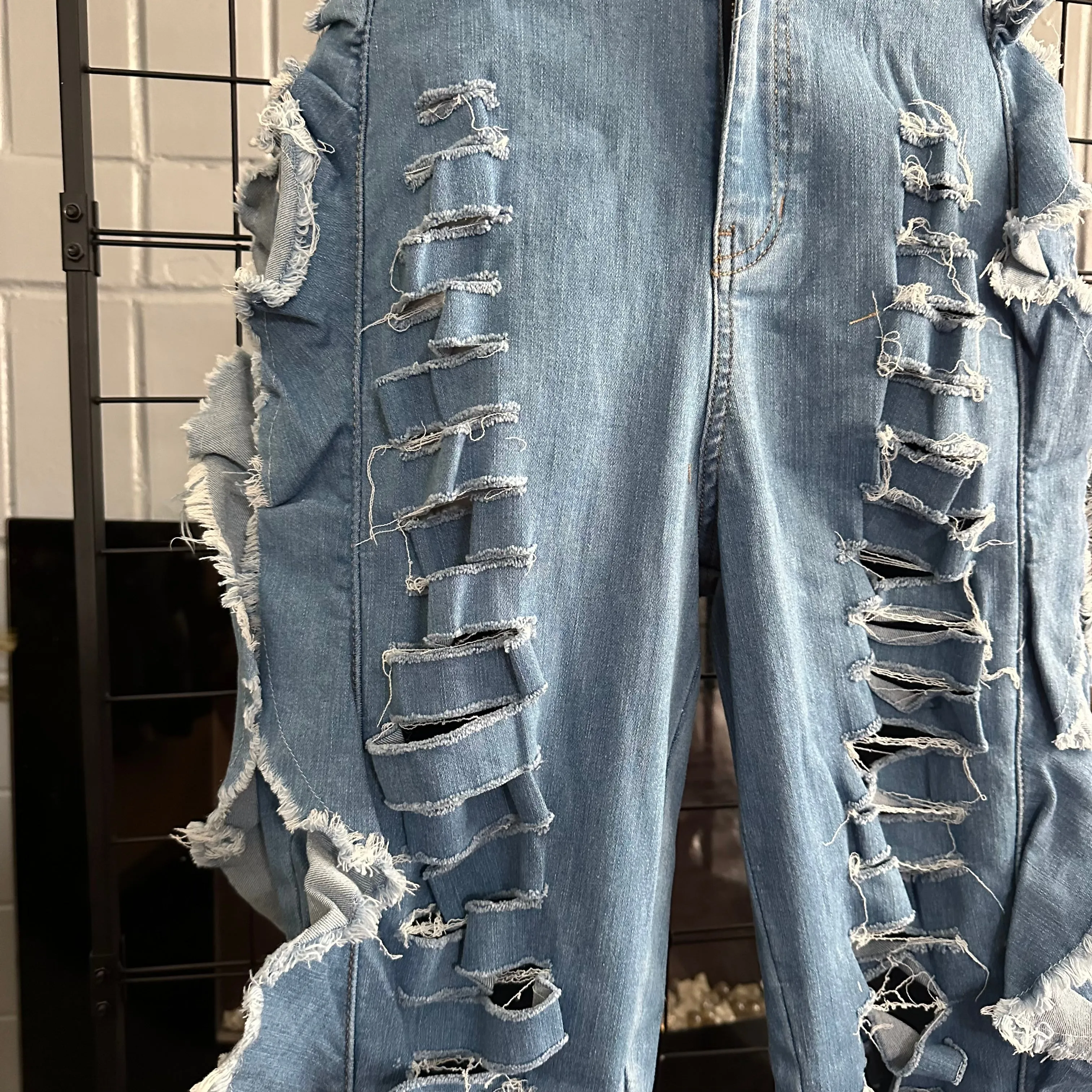 Iconic Baddie Blue Medium Wash Distressed Side Wing Detail Denim Joggers