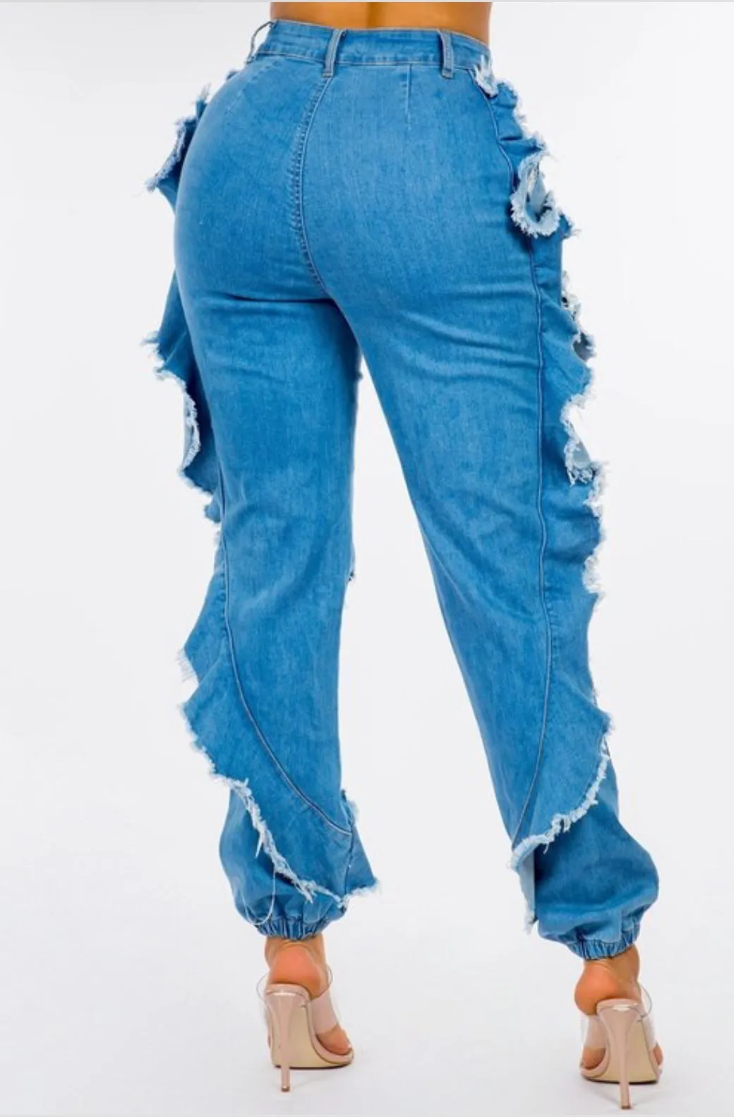 Iconic Baddie Blue Medium Wash Distressed Side Wing Detail Denim Joggers