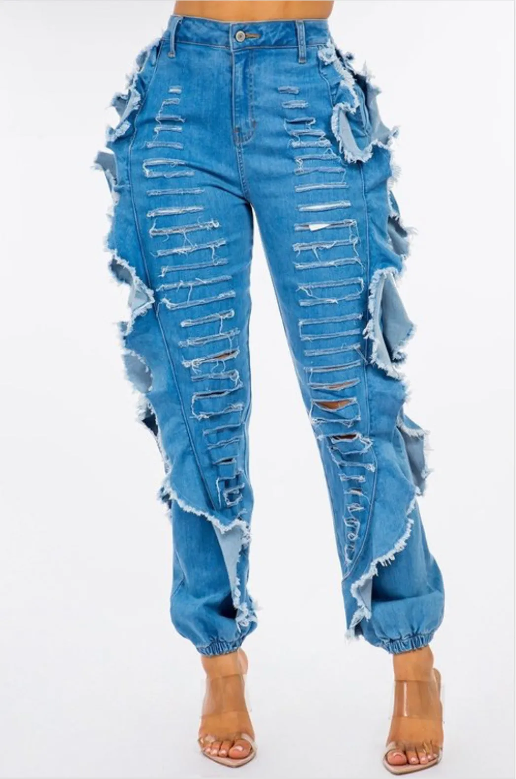 Iconic Baddie Blue Medium Wash Distressed Side Wing Detail Denim Joggers