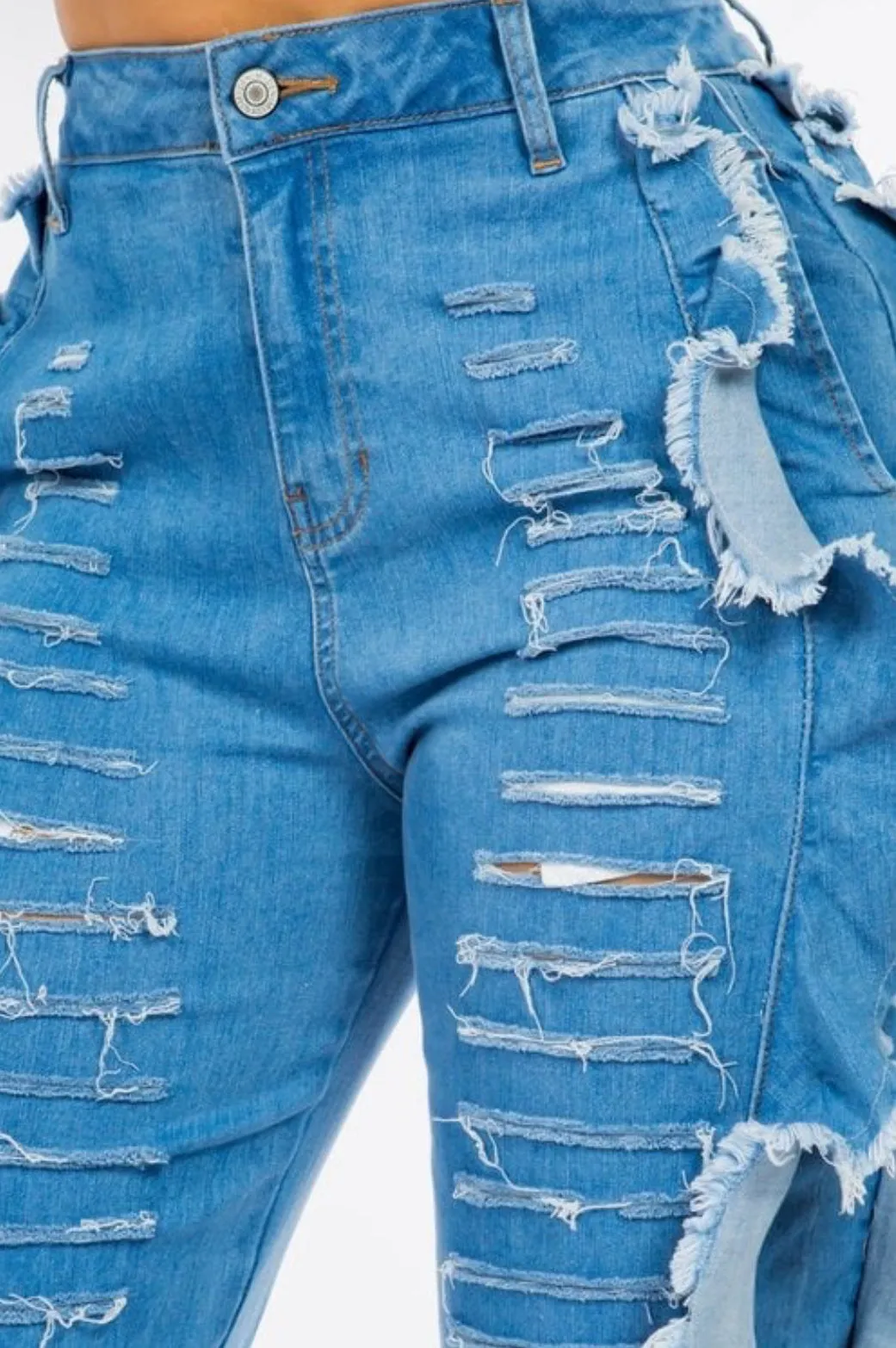 Iconic Baddie Blue Medium Wash Distressed Side Wing Detail Denim Joggers