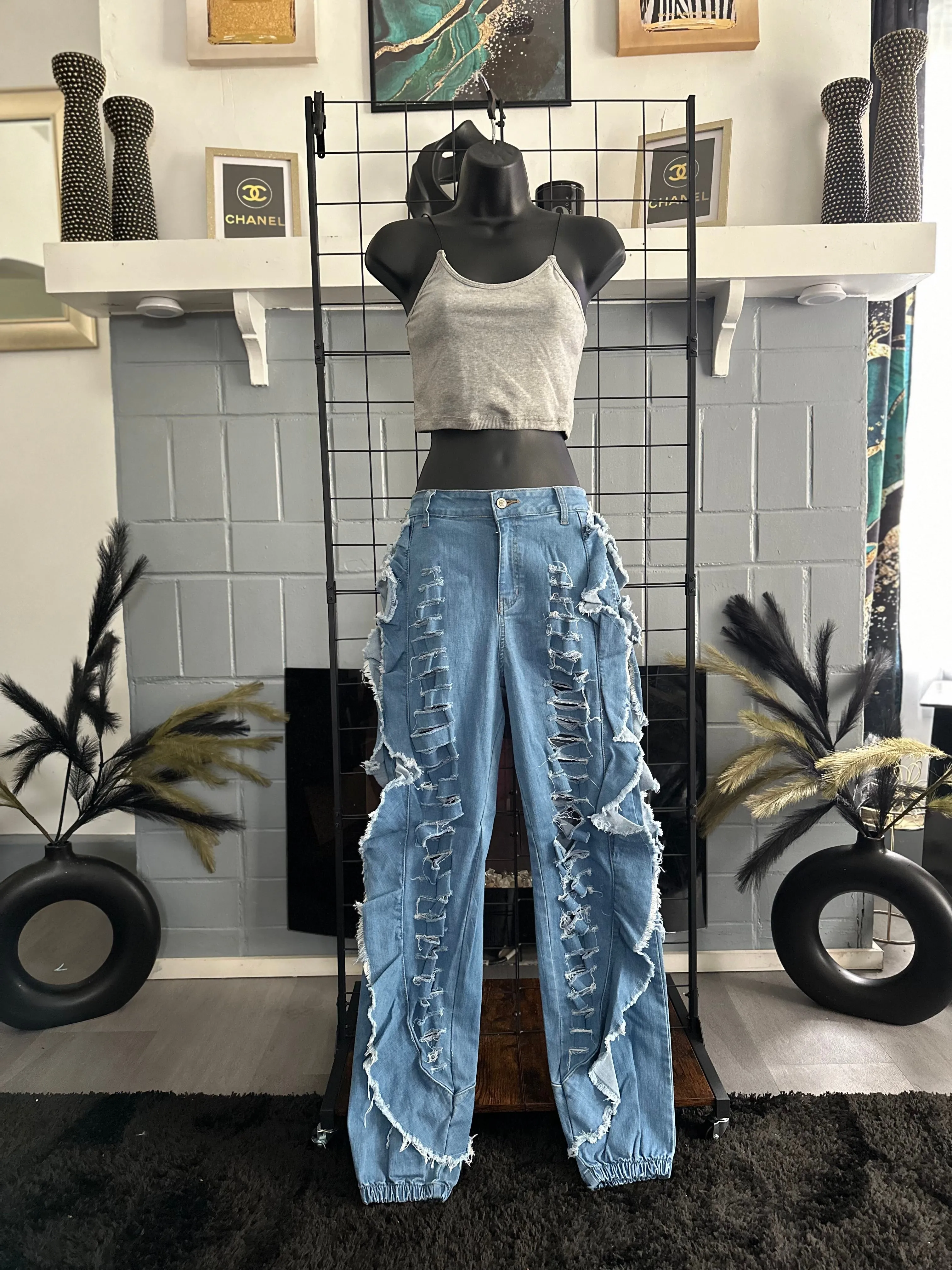 Iconic Baddie Blue Medium Wash Distressed Side Wing Detail Denim Joggers