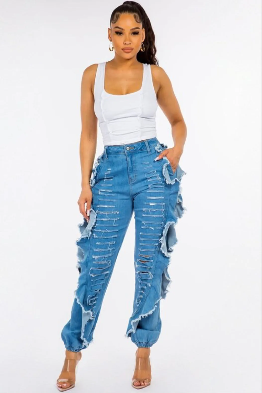 Iconic Baddie Blue Medium Wash Distressed Side Wing Detail Denim Joggers
