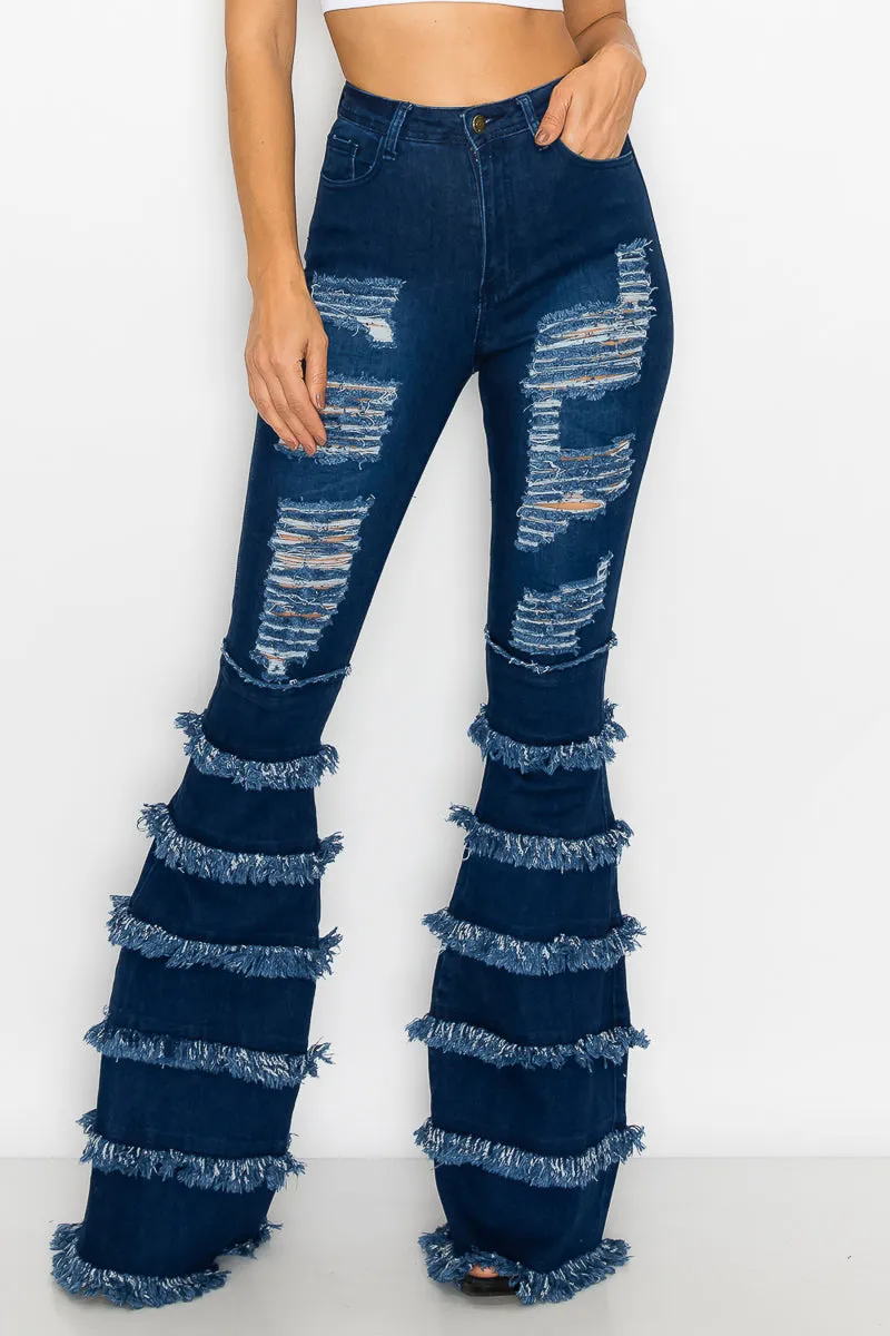 JAZZ-036 BELL BOTTOM FLARE LEG RIPPED DISTRESSED & DESTROYED JEANS