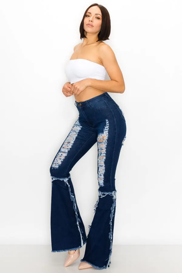 JAZZ-039 BELL BOTTOM FLARE LEG RIPPED DISTRESSED & DESTROYED JEANS