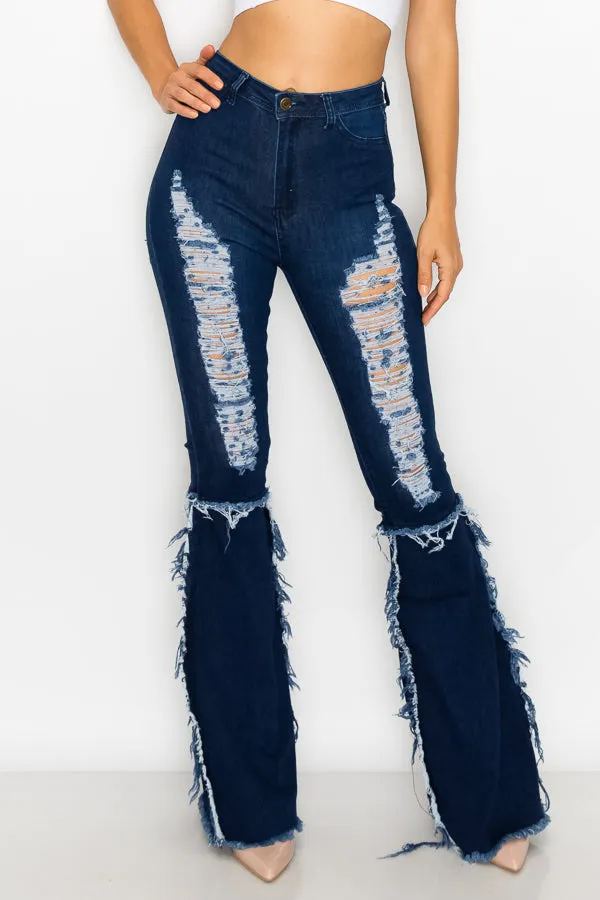 JAZZ-039 BELL BOTTOM FLARE LEG RIPPED DISTRESSED & DESTROYED JEANS