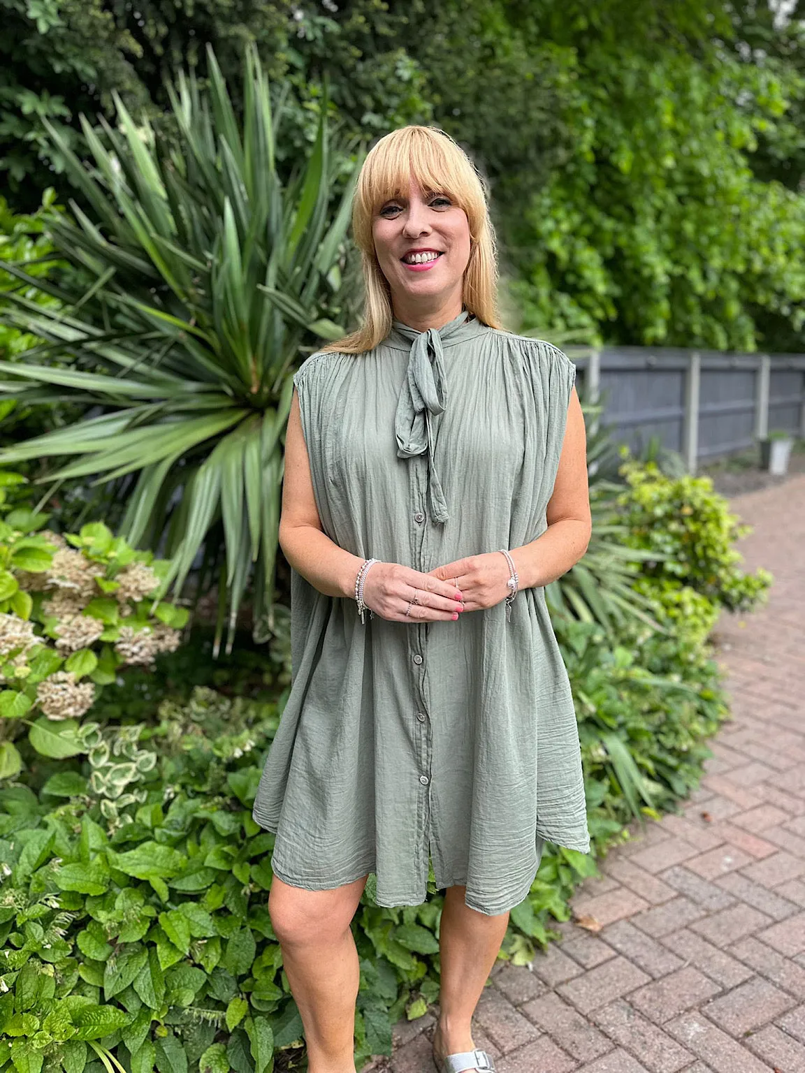 Khaki Lightweight Belted Sleeveless Blouse Eve