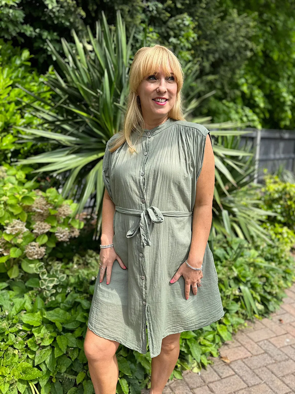 Khaki Lightweight Belted Sleeveless Blouse Eve